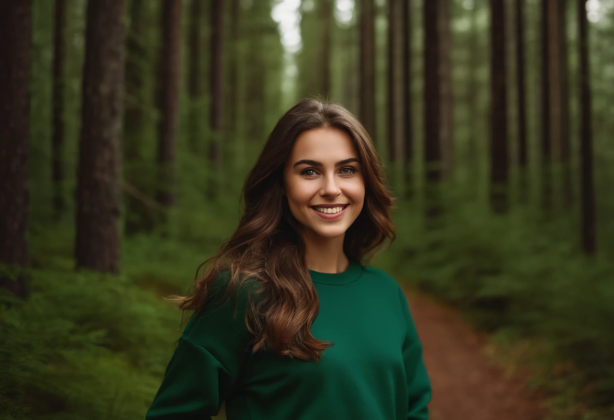 flat forest green gildan sweatshirt mockup, christmas style, detail fabric texture, relastic, full body | model young girl, brown hair, happy face |