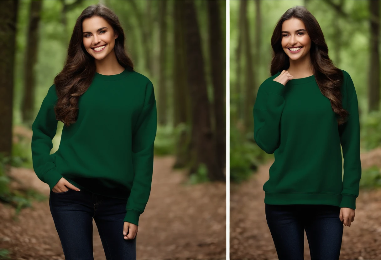 flat forest green gildan sweatshirt mockup, christmas style, detail fabric texture, relastic, full body | model young girl, brown hair, happy face |
