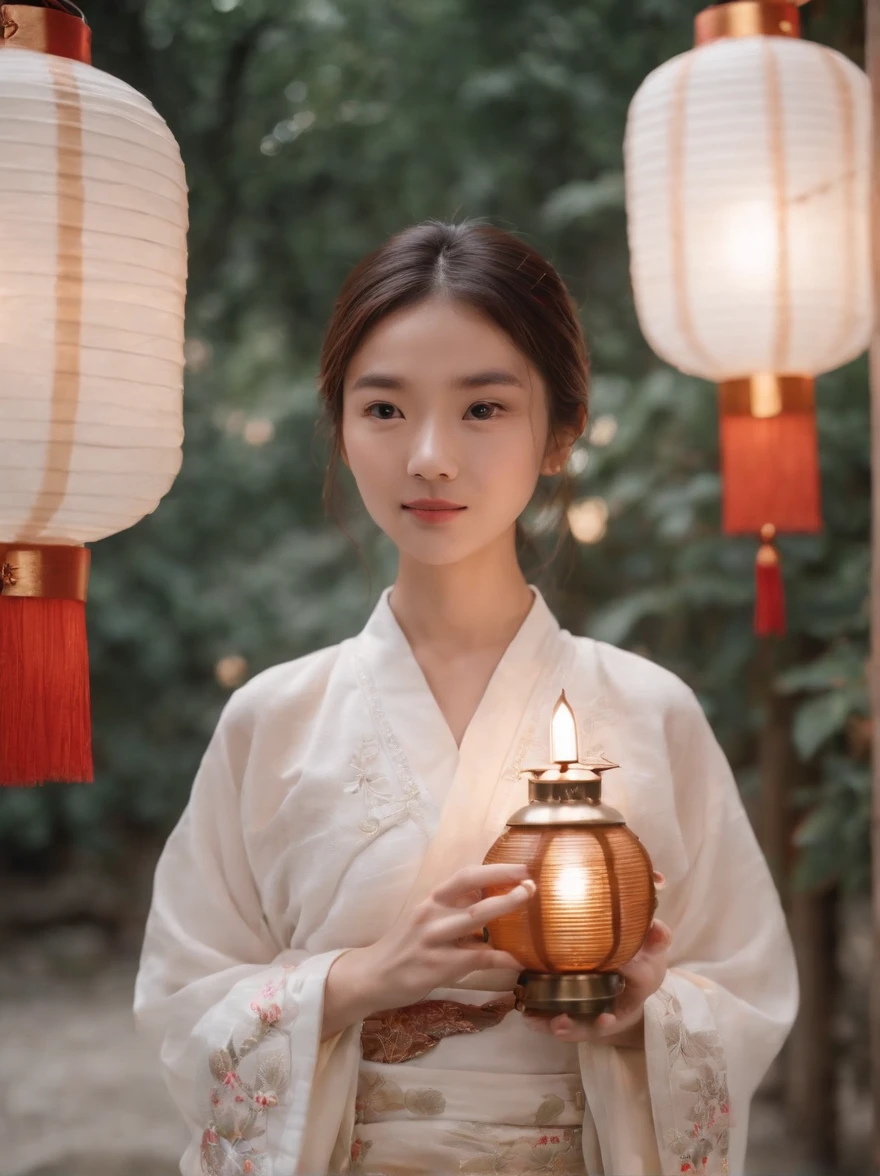 romfilm decorated the cloud party with collorful lanterns with many floating lanterns on top. A 20-year-old Chinese model girl holds a lantern and wears a white Hanfu. She looks into the camera with a lovely smile and a warm glow, standing, by Okuyama, Super Detail, Fantastic LOFI Photography, Interior, shot by Fujifilm, facing the camera