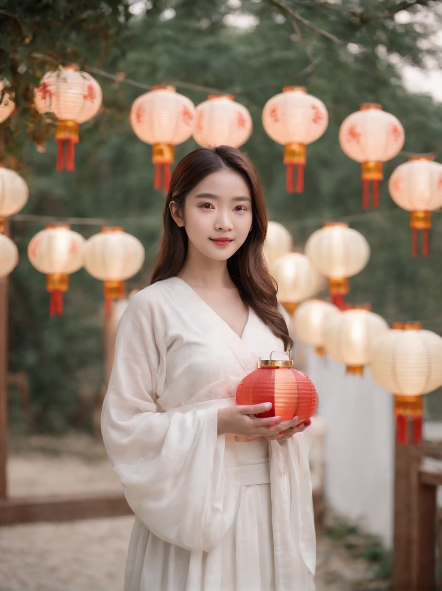 romfilm decorated the cloud party with collorful lanterns with many floating lanterns on top. A 20-year-old Chinese model girl holds a lantern and wears a white Hanfu. She looks into the camera with a lovely smile and a warm glow, standing, by Okuyama, Super Detail, Fantastic LOFI Photography, Interior, shot by Fujifilm, facing the camera
