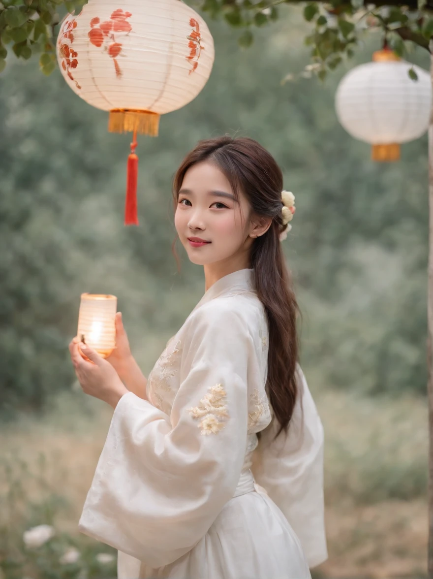romfilm decorated the cloud party with collorful lanterns with many floating lanterns on top. A 20-year-old Chinese model girl holds a lantern and wears a white Hanfu. She looks into the camera with a lovely smile and a warm glow, standing, by Okuyama, Super Detail, Fantastic LOFI Photography, Interior, shot by Fujifilm, facing the camera