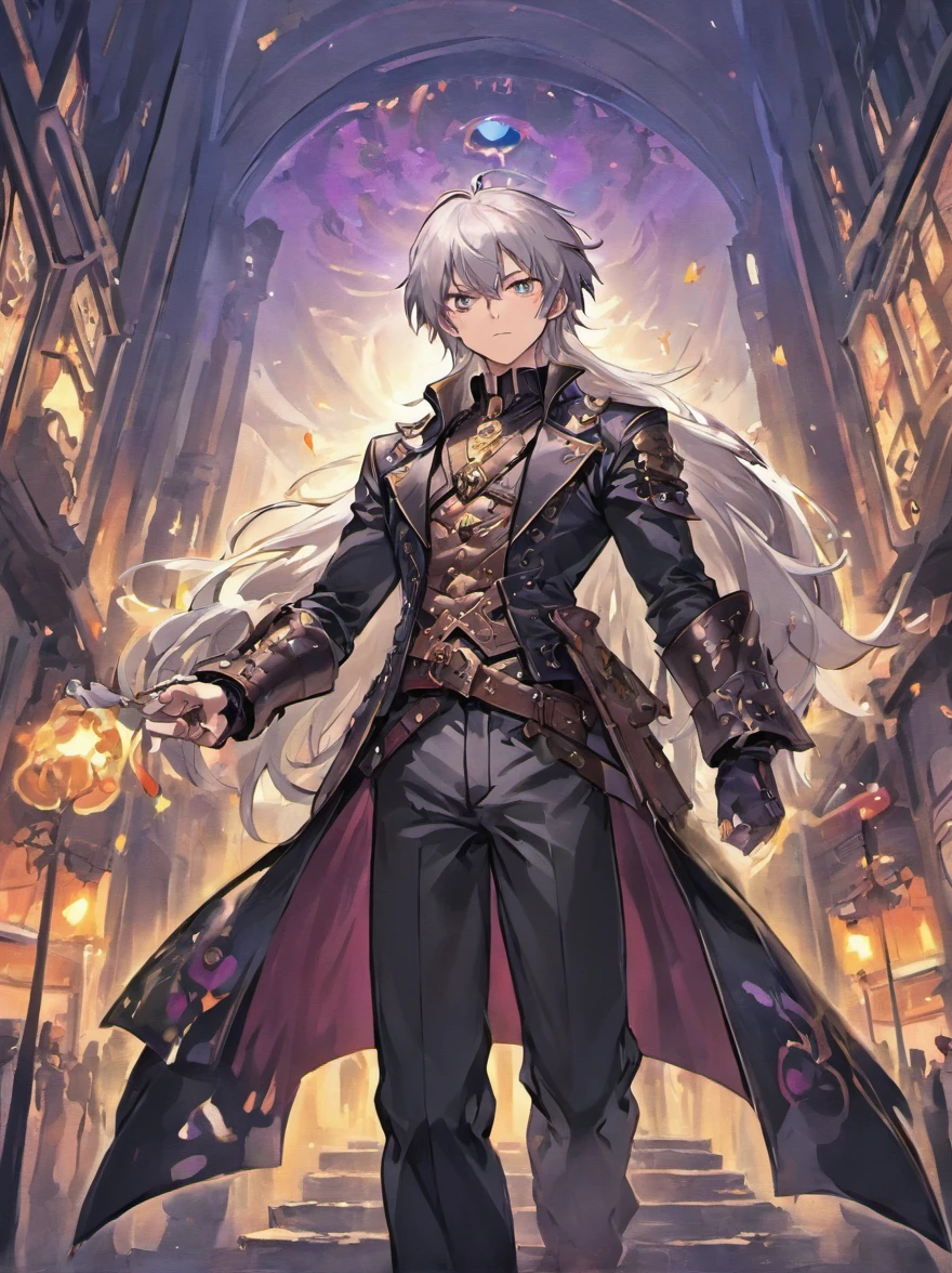 1male dark grey, long white hair, purple eyes, wearing fancy leather armor, wearing black pants, holding steampunk revolver, Fantasy city, absurdres, high res, ultrasharp, 8K, masterpiece, looking at viewer