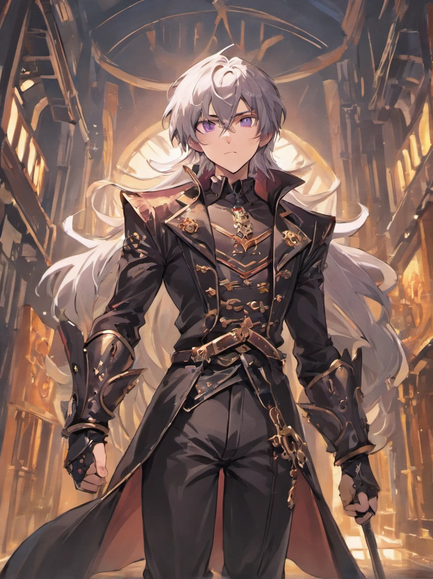 1male dark grey, long white hair, purple eyes, wearing fancy leather armor, wearing black pants, holding steampunk revolver, Fantasy city, absurdres, high res, ultrasharp, 8K, masterpiece, looking at viewer