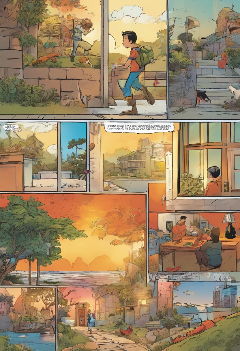 American comics, the comic story is presented in multiple irregular panels with color. The American Shorthair cat goes through hardships while running away from home and then reunites with its owner. The style is exaggerated and detailed