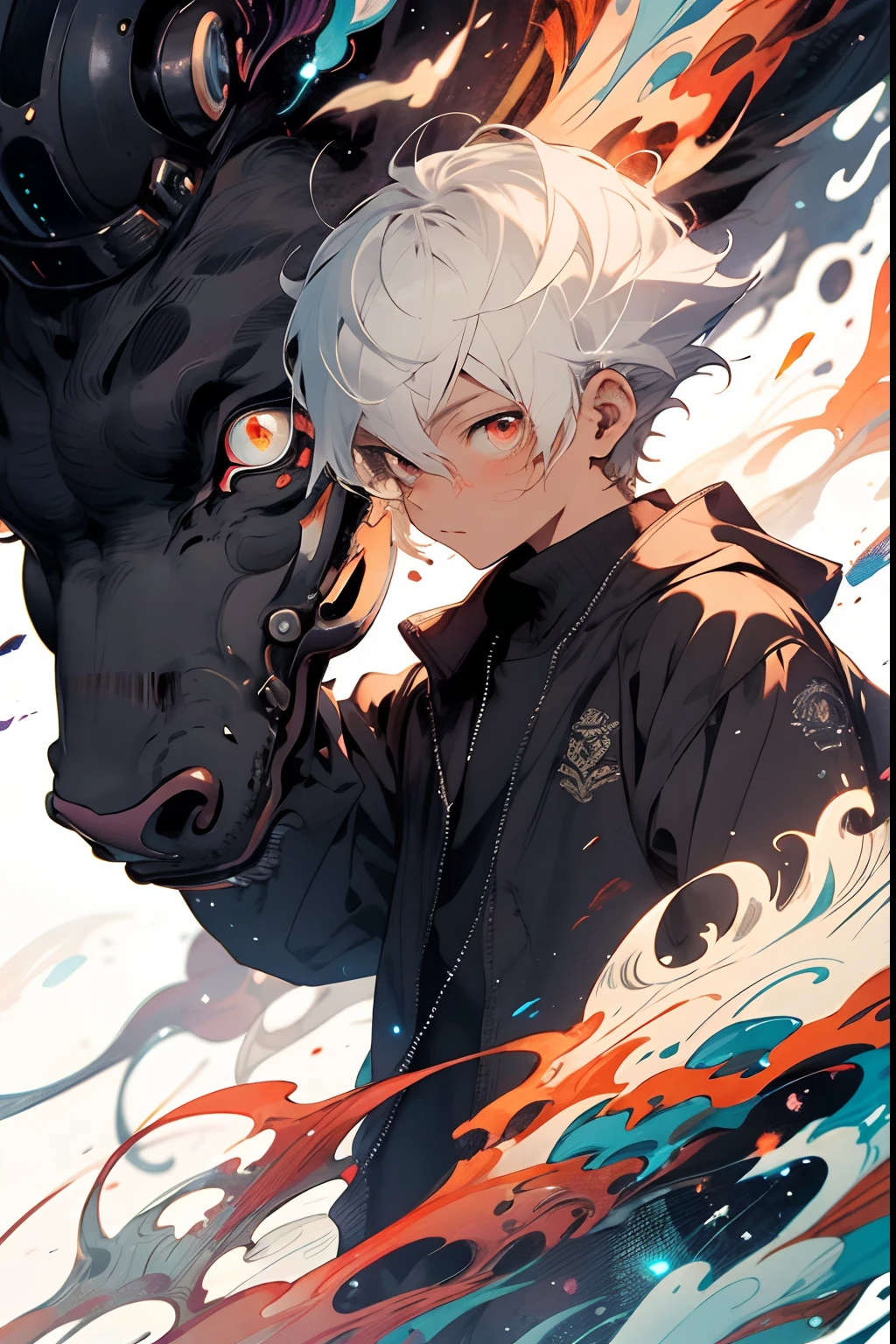 realisticlying,(tmasterpiece,top Quority,best qualtiy,offcial art,Beauty and aesthetics:1.2),The is very detailed,s fractal art,Colorful,Most detailed,zentangle,(abstract backgrounds:1.5)(1boy:1.3),Kamimei,white color hair,short detailed hair,(luminous red eyes),mistic,(magia),火焰,Handsome man
