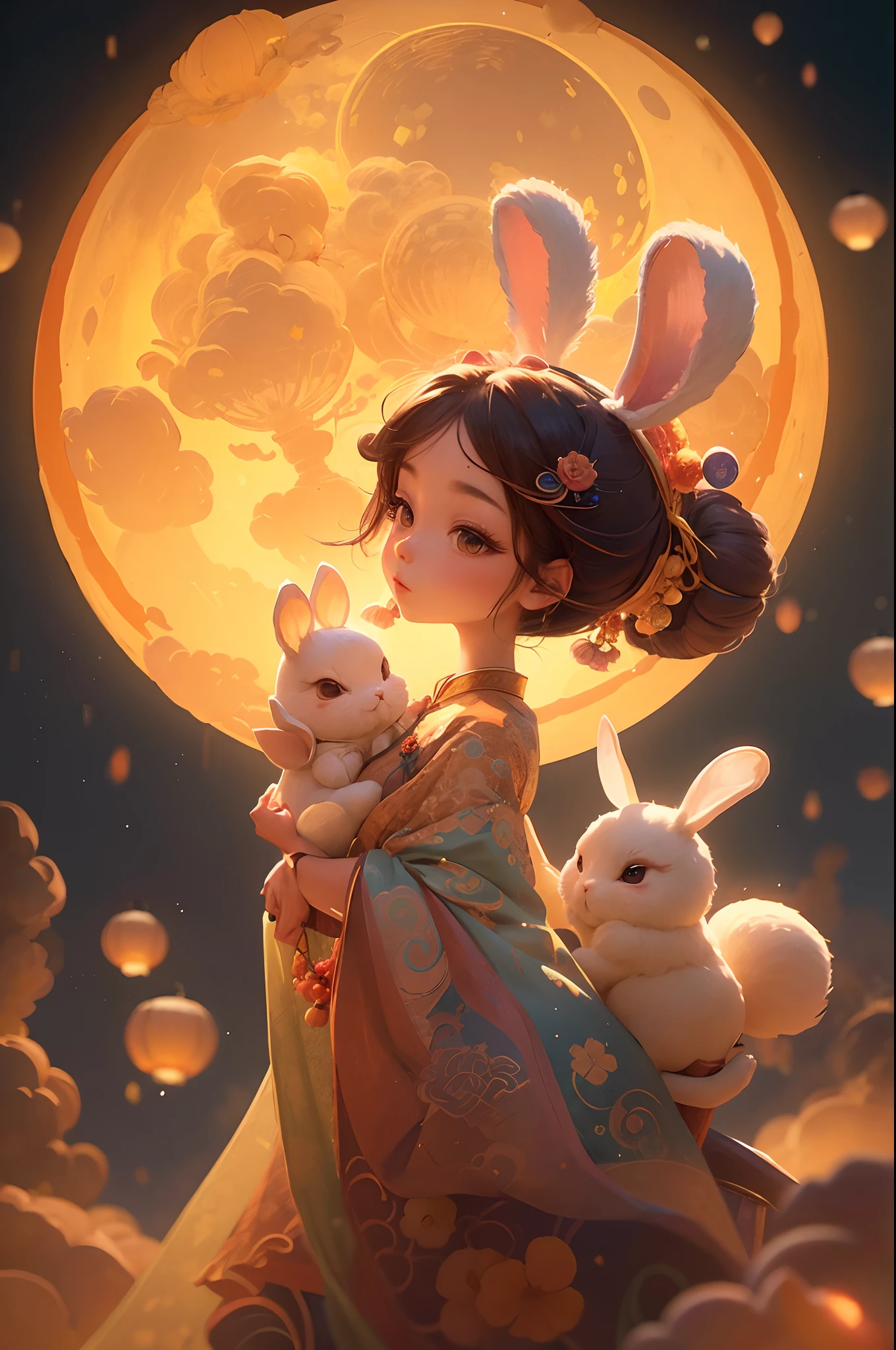 Mid-Autumn Festival，A lovely fairy，Wearing Chinese costumes，holding a lantern，Cute rabbit next to the girl，Lantern，Auspicious clouds，Behind the huge moon，a warm color palette，Disney  style，clear contour light，rim-light，dream magical，spotlight lights，8k