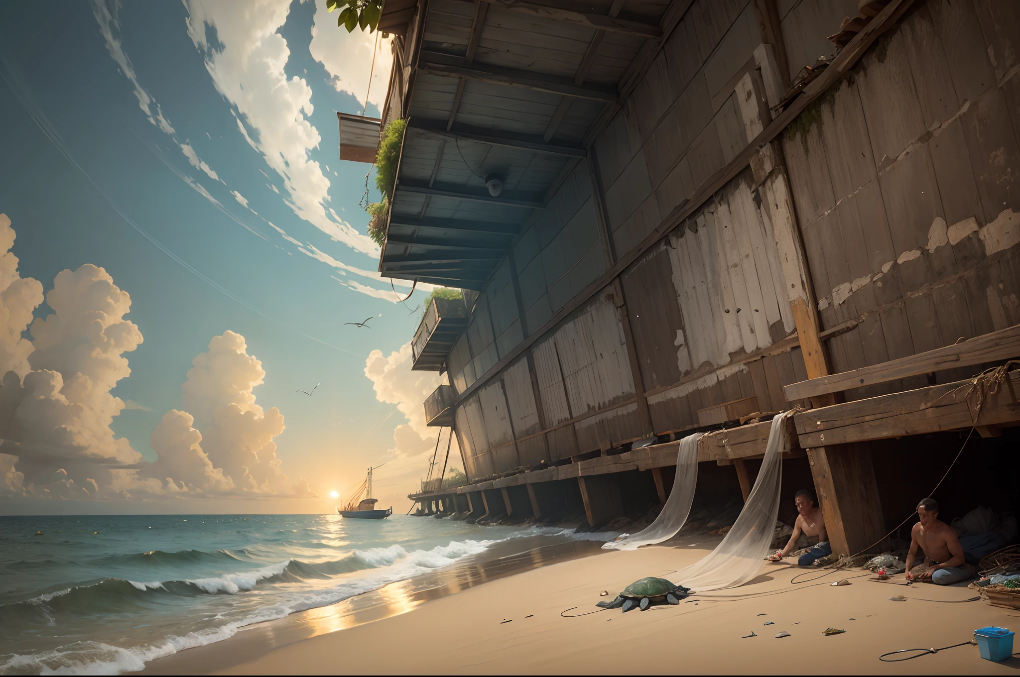 (()Masterpiece)),Best quality,high qulity,Works of masters,sea surface,A turtle entangled in fishing nets and white trash,on one’s last legs,in a panoramic view