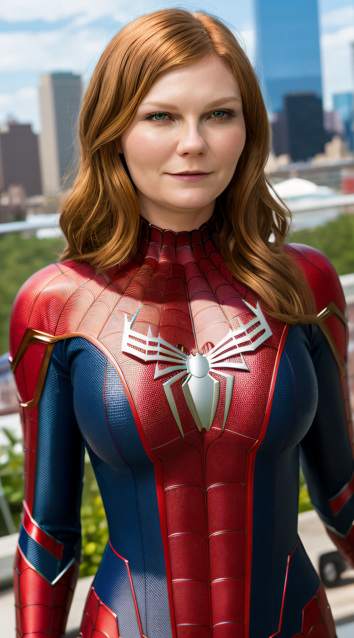 masterpiece, best quality,   KDKirsten Dunst with spider-man costume without mask, 1girl, red hair, green eyes, standing, new york background,