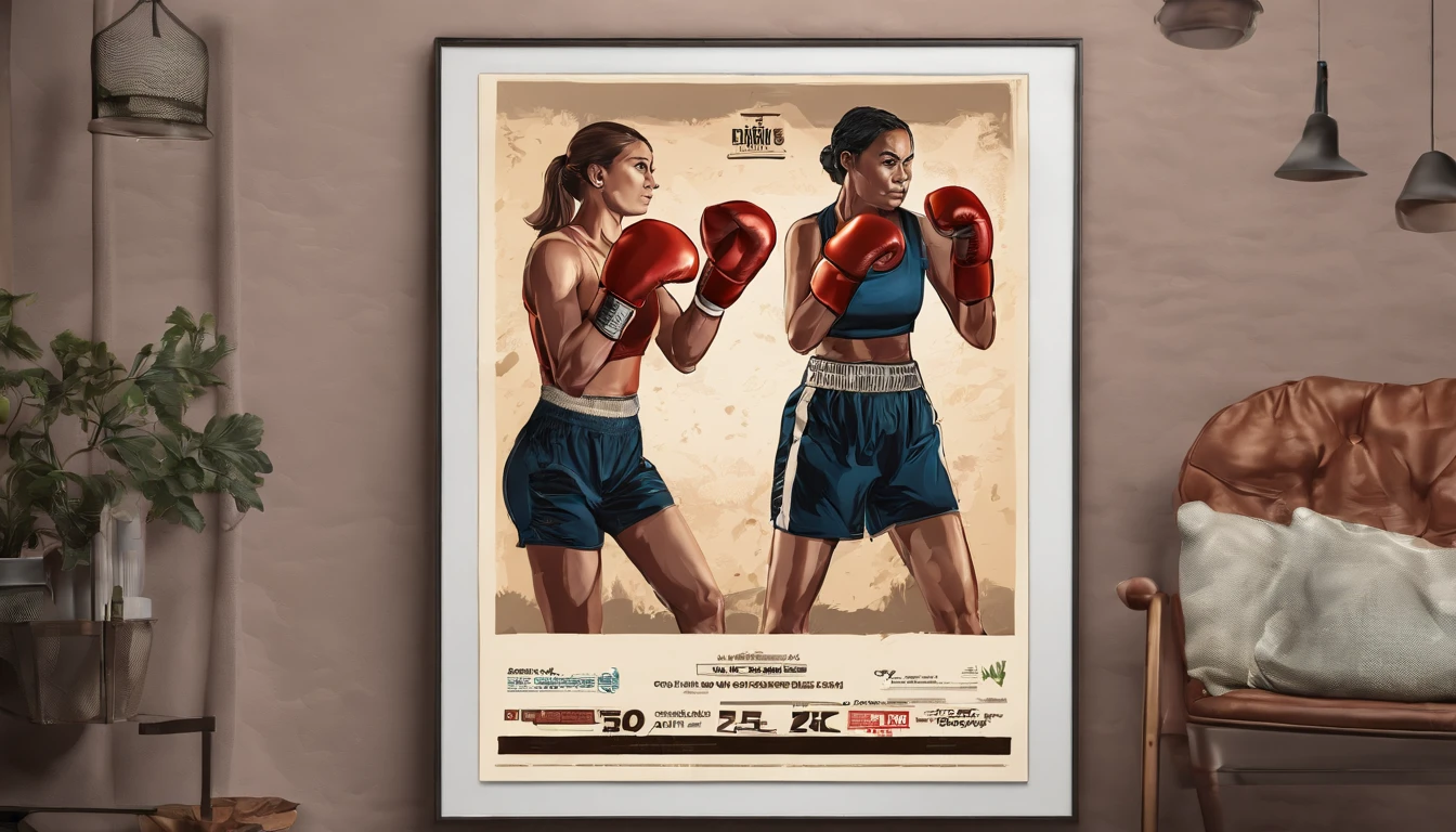 two females, boxing poster, versus, angry, photography, detailed skin, realistic, photo-realistic, 8k, highly detailed, full length frame, High detail RAW color art, diffused soft lighting, shallow depth of field, sharp focus, hyperrealism, cinematic lighting