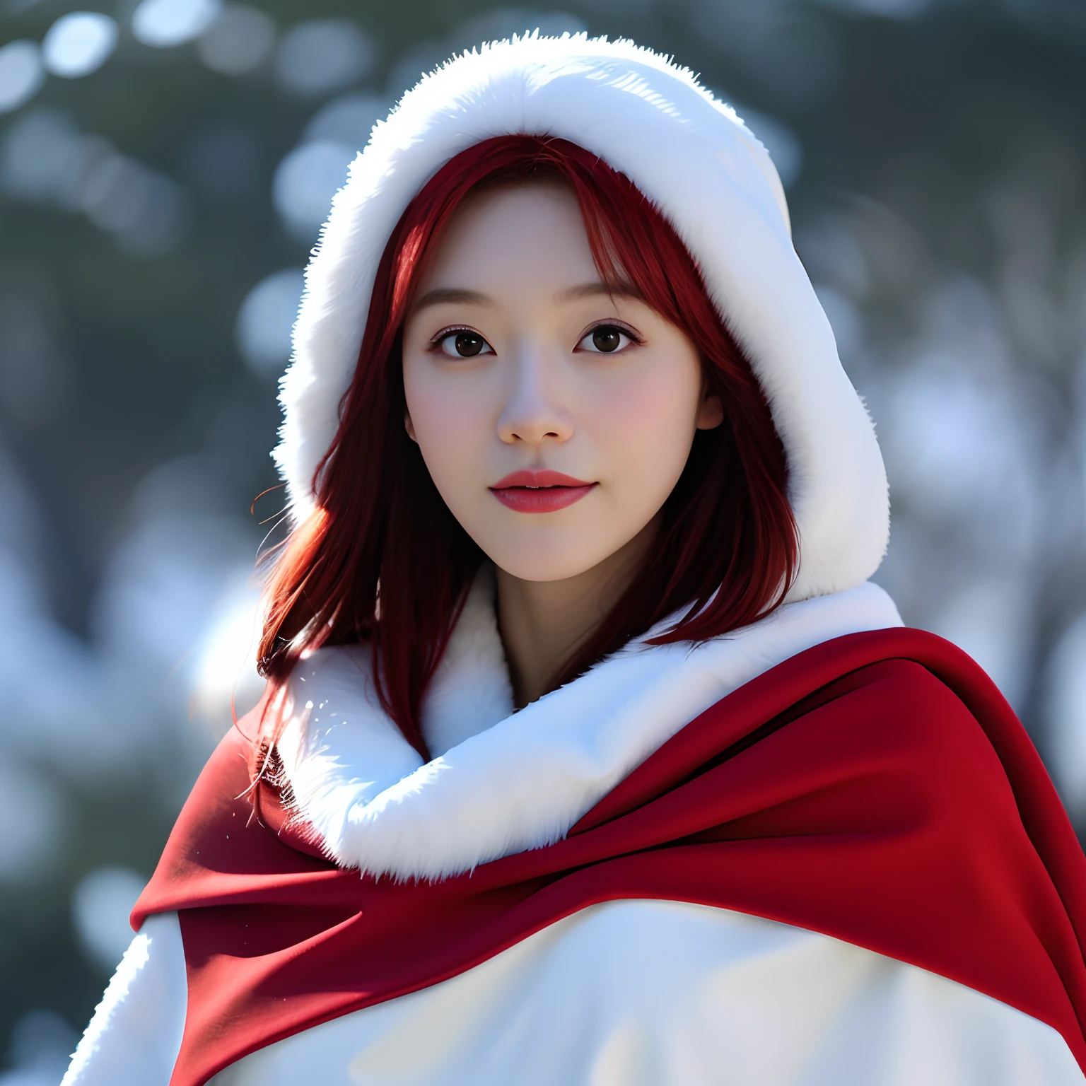 A wilderness with falling snowflakes，Best quality at best，tmasterpiece，1 happy girl ，big breast，Snowflakes in the sky，Red cape，Coarse hair，Stereoscopic effect，超高分辨率，Very detailed official Unity 8K wallpaper，超高分辨率，Ultra high quality，Anatomically correct