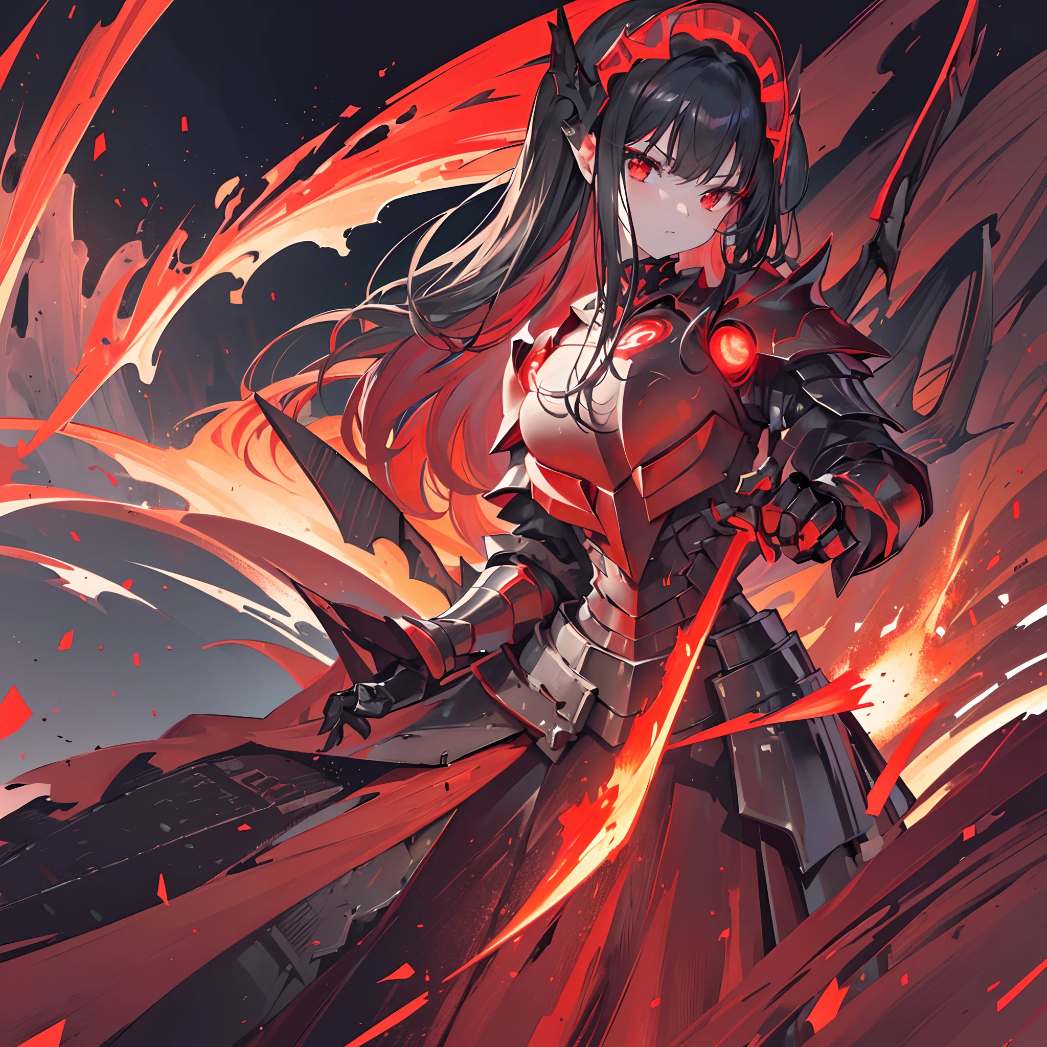 Extremely detailed, masterpiece, high resolution, photo realistic, top quality, 1 girl, (((Black knight armor, sharp armor, old armor, red visor, glowing red, giant glowing red sword, jagged armor, glowing red armor, helmet off, slender figure, long black hair, strong, sharp face, sharp eyes, deadly look, glare, powerful, beautiful, stunningly beautiful  bright red eyes))), ((volcano, looking down at viewer, )), (serious)