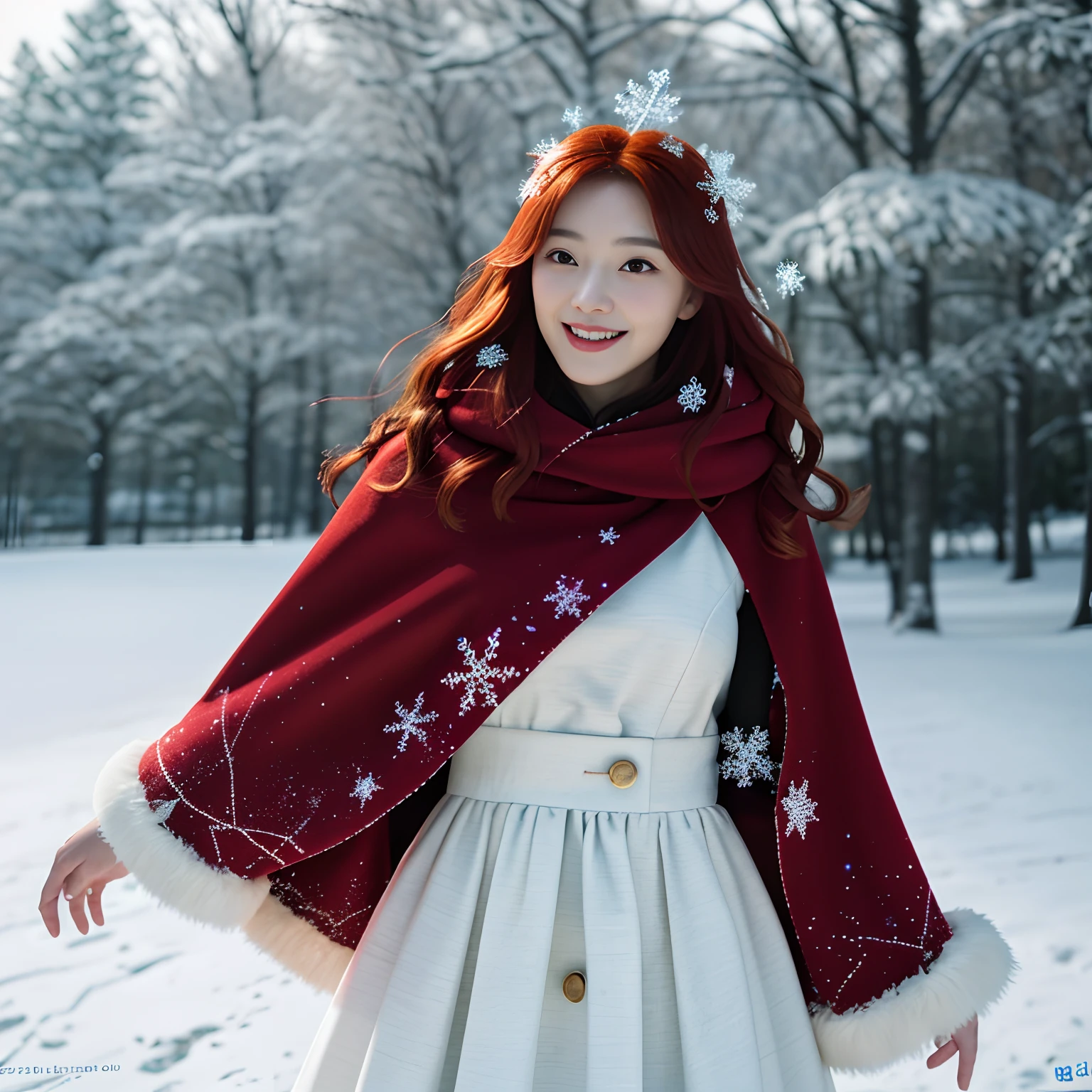 A wilderness with falling snowflakes，Best quality at best，tmasterpiece，1 happy girl ，big breast，Snowflakes in the sky，Red cape，Coarse hair，Stereoscopic effect，超高分辨率，Very detailed official Unity 8K wallpaper，超高分辨率，Ultra high quality，Anatomically correct