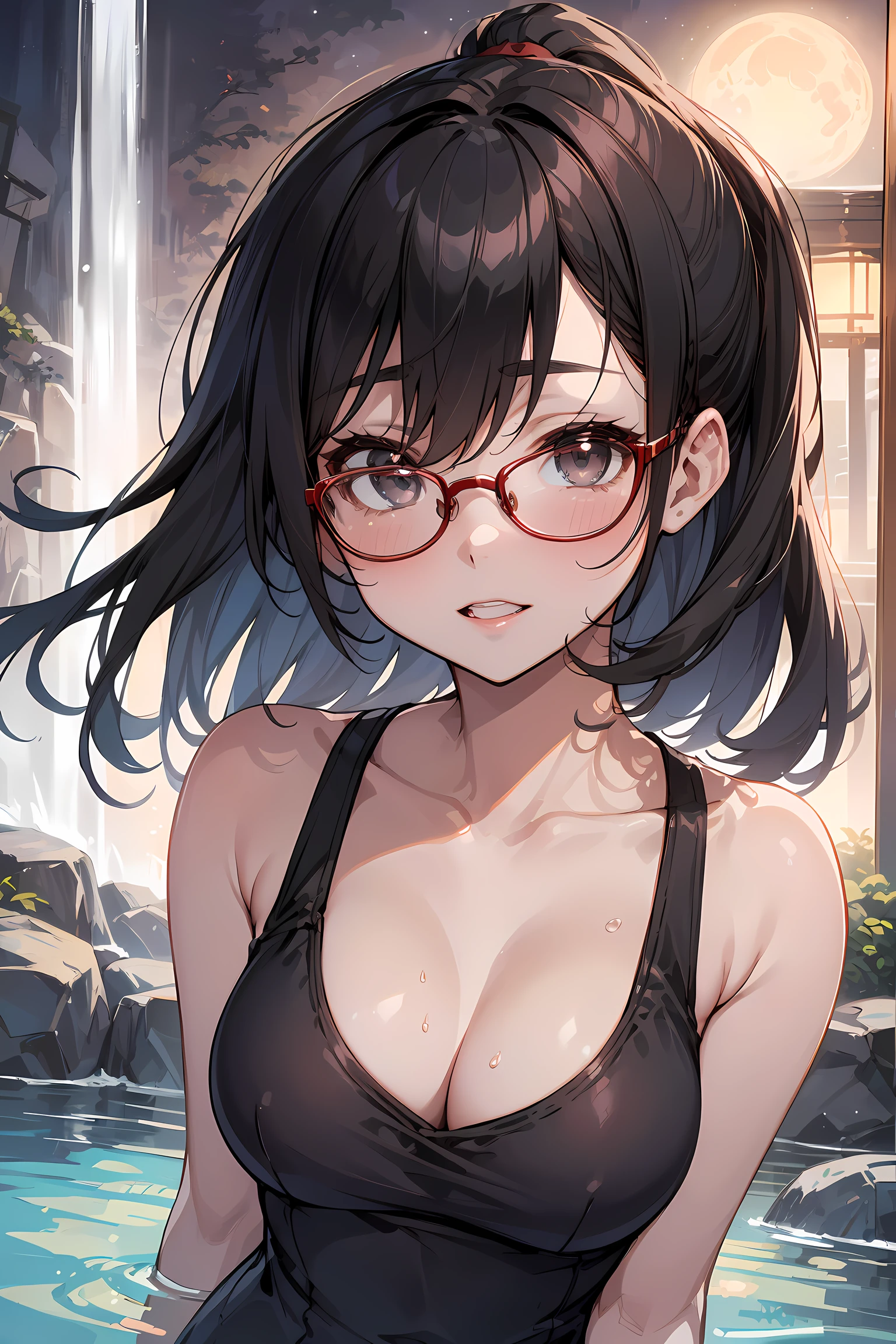 (Go inside the waterfall:1.3), (reaching out against the viewer:1.5),  high resolution, Photo of a beautiful woman detailed_face, young handsome girl,realistic:0.5, perfect skin, (wearing a glasses:1.5), from behind:1.5, (ultra-detailed background, detailed background), bokeh, make happy expressions, happy emotion, gorgeous,pure, beautyfull detailed face and eyes,breasts, (black eyes:1.1), (a extremely pretty and beautiful Japanese woman), (sexy girl), (professional attire:1.3), (22 years old: 1.1), BREAK, (lovely outfit:1.2), (detailed red school swimwear:1.5), cleavage, beautiful detailed skin, (cute:1.2), (black hair), ((jpop idol)), (upper thigh:0.6), (depth of field),soft light, Lens Glow looking at viewer, (Drooping eyes:1.2), straight teeth,smile, floating hair, (black hair:1.2), brown eyes BREAK movie scene, cinematic, full colors, 4k, 8k, 16k, RAW photo, masterpiece, professionally color graded, professional photography, high school girl, hair up, , soft clean focus, realistic lighting and shading, (an extremely delicate and beautiful art)1.3, elegant,active angle,dynamism pose BREAK (ponytail:1.3), (shiny-black thin hair:1.2), bangs, dark brown eyes, beautiful eyes, princess eyes, (big eyes:1.3), bangs, wearing a glasses:1.3, Hair between eyes, short hair:1.3, (slender:1.1), (medium-breasts:0.95), (thin waist: 1.15), (detailed beautiful girl: 1.4), Parted lips, Red lips, full-make-up face, (shiny skin), ((Perfect Female Body)), (upper body image:1.3), Perfect Anatomy, Perfect Proportions, (most beautiful Korean actress face:1.3, extremely cute and beautiful Japanese actress face:1.3), ,(1glasses girl:1.3, solo), ,(blush:1.1), gray background, solo focus, (bust shot:1.2), cinematic light, (nostalgic night scene:1.4), (waterfall:1.4), (moon light:1.3), (arms down:1.4), (looking at viewer:1.2), (in water:1.3), (under waterfall:1.3),