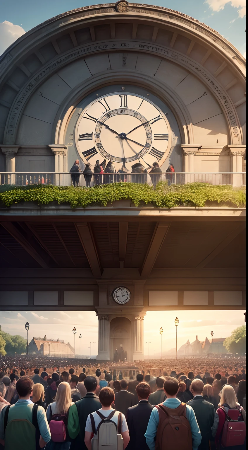 Hyper realistic england university scene with a big clock large field over crowded with students students talking to each other walking inside the university some are standing in groups with their books held in hands a wide view main building seems to be like of 90's 8k quality image