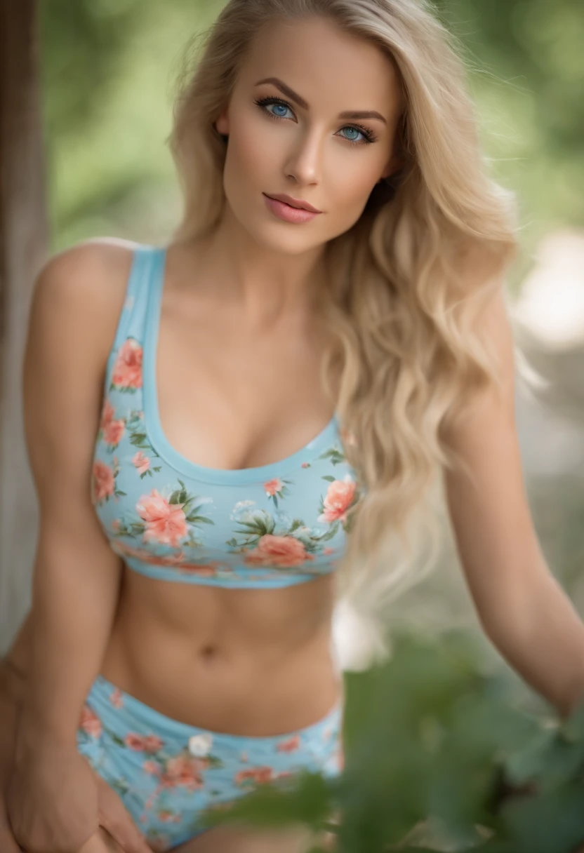 woman with matching tank top and panties, Sexy girl with blue eyes, blonde hair and large eyes, large breasts, Natural makeup, Stunning full body shot, 19 years old