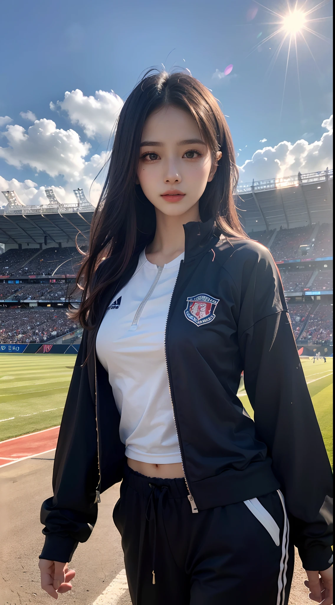 ((tmasterpiece, Top image quality, A high resolution、独奏、统一 8k 壁纸, ultra - detailed, Beautiful and aesthetic, big breasts beautiful, tmasterpiece, Best quality at best, primitive,tmasterpiece,ultra fine photos,best qualtiy,超高分辨率,Photoreality,rays of sunshine,full-body portraits,stunningly beautiful,dynamicposes,delicated face,Vibrant eyes,(seen from the front),She was wearing a tracksuit,Blue color scheme,Very detailed stadium background,detailed face with,She was wearing a tracksuit,The sun is vibrant,Very detailed sports field,detailed face with,