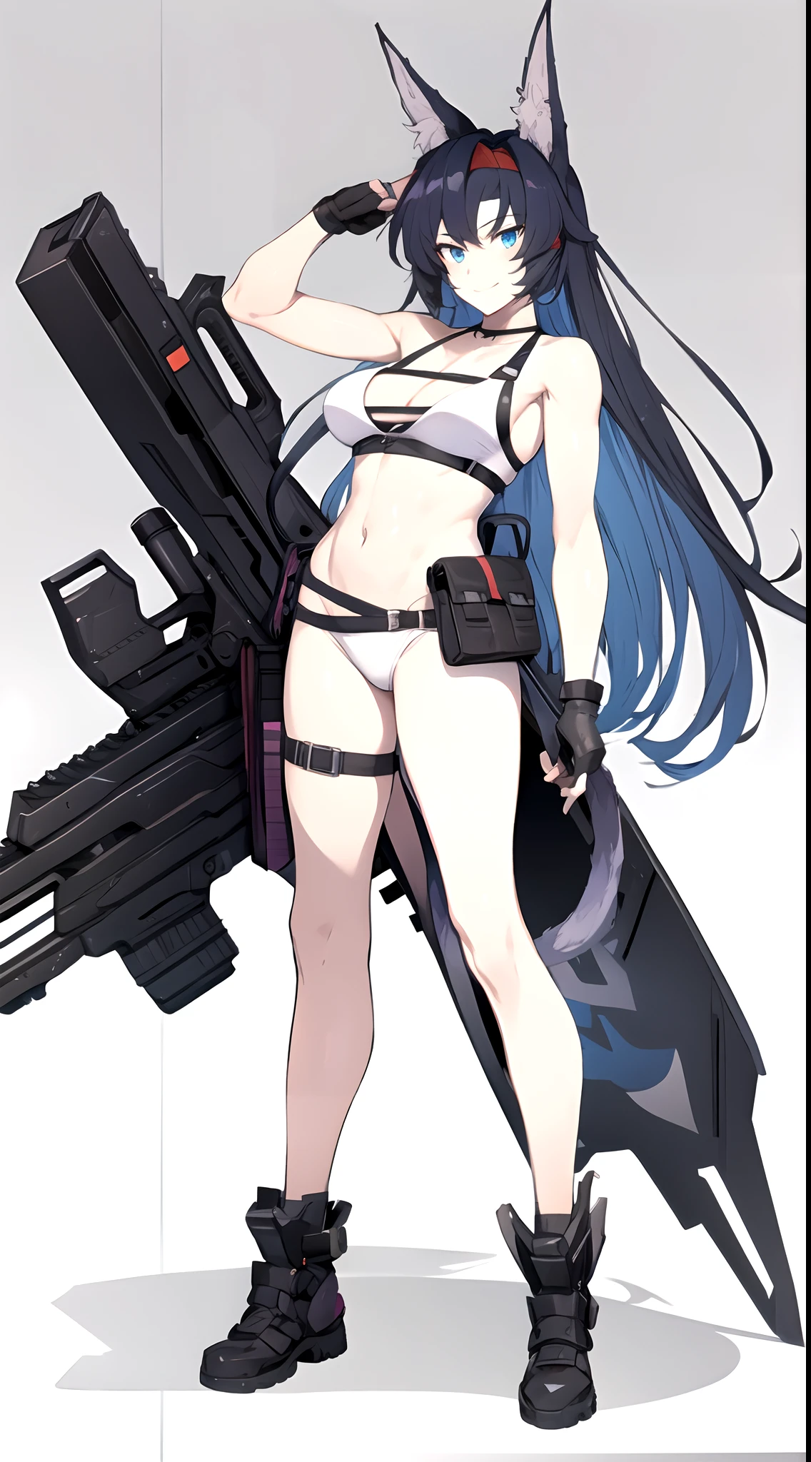 1girl, animal ears, arm up, bare shoulders, bikini, black gloves, blaze \(arknights\), blue eyes, blue hair, breasts, cat ears, cat tail, fingerless gloves, full body, gloves, hairband, jewelry, long hair, looking at viewer, medium breasts, navel, pouch, simple background, smile, solo, standing, swimsuit, tail, thigh strap, thighs, very long hair, weapon, white background, white bikini