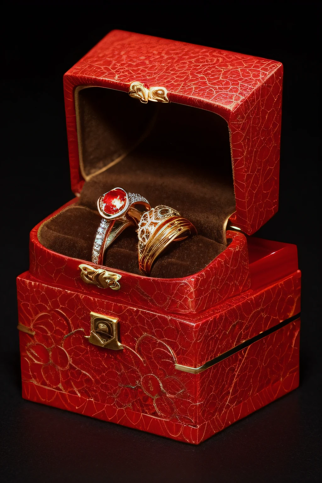 Ring box，Red body，A little gold-black accent，Show off two rings，Add lace around the box