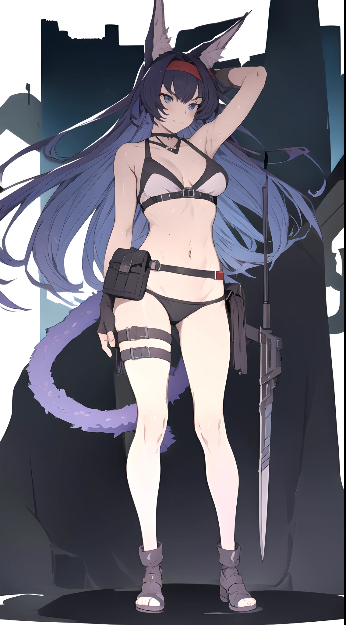 1girl, animal ears, arm up, bare shoulders, bikini, black gloves, blaze \(arknights\), blue eyes, blue hair, breasts, cat ears, cat tail, fingerless gloves, full body, gloves, hairband, jewelry, long hair, looking at viewer, medium breasts, navel, pouch, simple background, smile, solo, standing, swimsuit, tail, thigh strap, thighs, very long hair, weapon, white background, white bikini