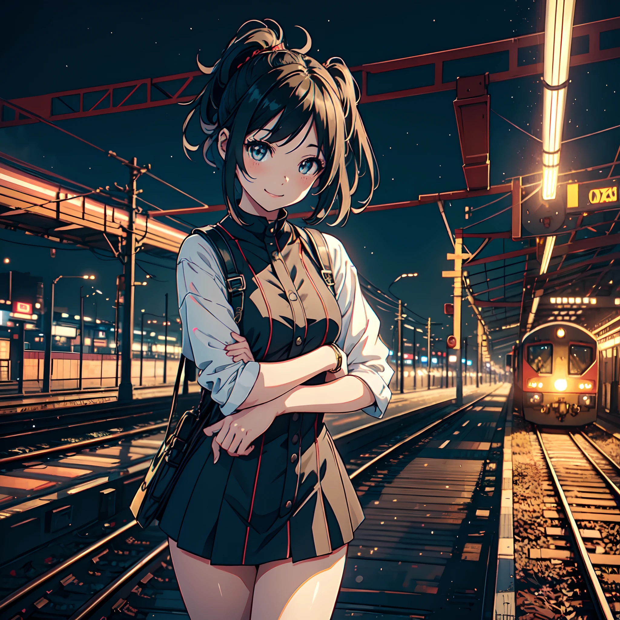 An anime girl, positioned amidst the intricate web of multiple railway tracks, wears a radiant smile that brightens the entire scene. Her eyes reflect a sense of awe and discovery, while her attire adds a pop of color to the industrial setting. The railway tracks crisscross, symbolizing the many paths life can take. Photo taken by Keiichi Tanaami with a Fujifilm X-T4 and a vintage 35mm lens. The lighting is a blend of natural twilight and studio lighting, creating a dynamic and inviting atmosphere. 8K, Ultra-HD, Super-Resolution.
