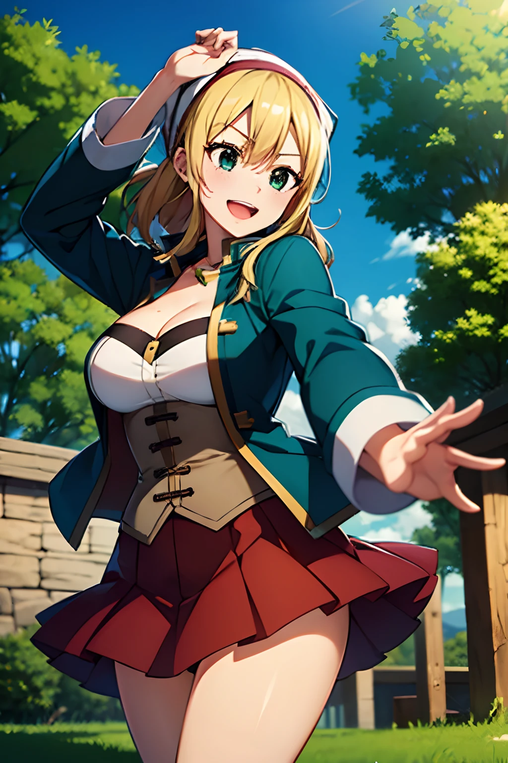 Master masterpiece, top-quality, High Definition, , Lucy Heartphilia, blonde  hair, length hair, large full breasts, Smile with open mouth, Solo、BREAK(Sophie_full bodyesbian:1.3), (head scarf),dark green long coat,Red skirt,frilld_Skirt,cowboy  shot,Dynamic Pose,plein air