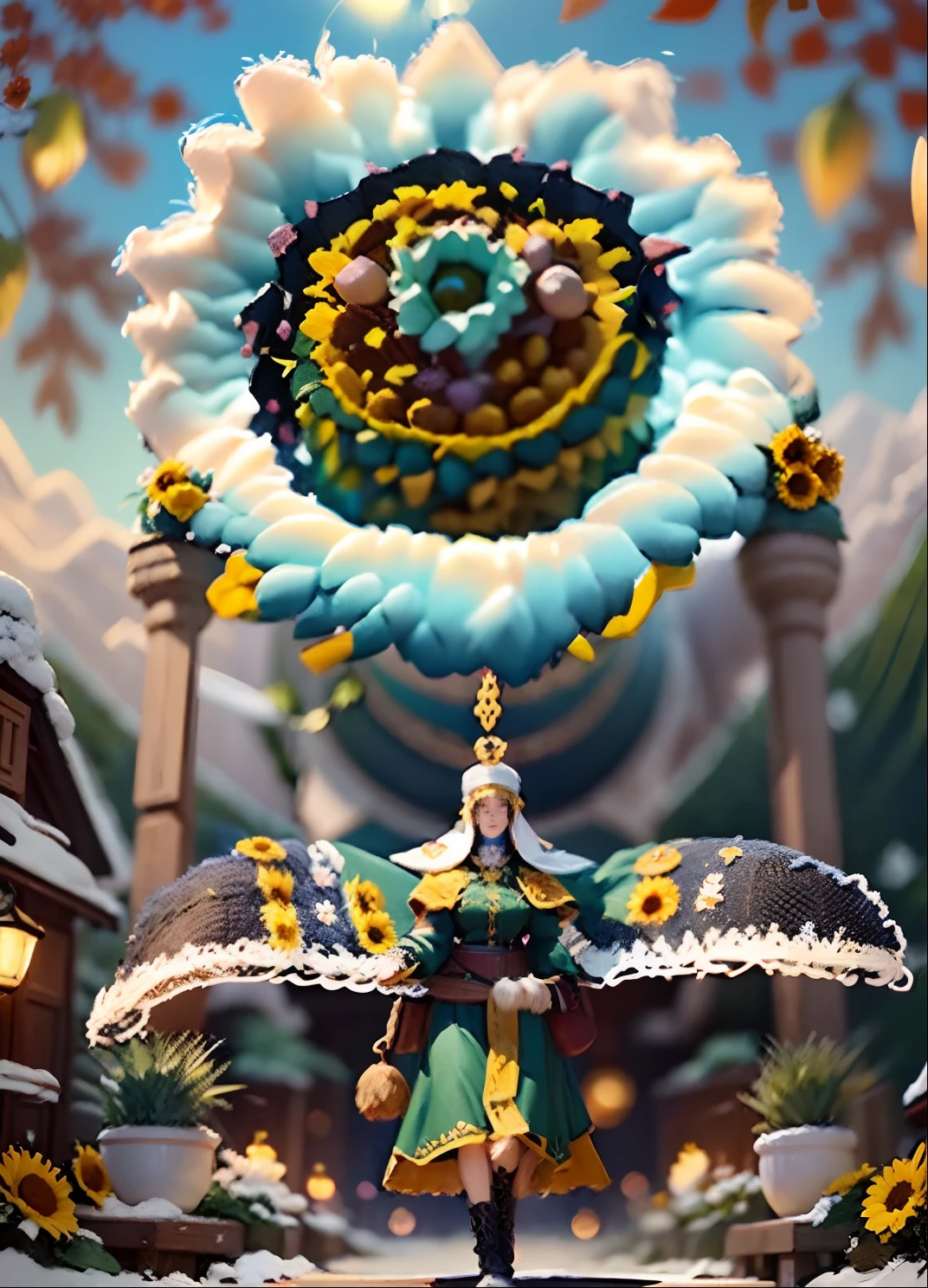 In a very grand scene,The extra-large wide-angle lens captures the appearance of a female centaur。She is a Sunflower Worship nun,Always opposed(Healing emoji smiley face of knitted sunflower puppet😊:99.99)DOA。She is tall,It has the ultimate curvy beauty,The muscles are slender and firm,Beautiful lines。She has(Super huge sky blue eyes:99.99)、always(Wearing sexy glasses:6.66)、(She wears solemn nun attire:9.9)、Stepping on a boot-style skyscraper-heel、A pink cross hangs on his chest。Use Midjourney's advanced tools,Designed for female centaurs(A knitted sunflower puppet and create a super healing cartoon smiley face in the center of the flower tray as a decoration:9.9),and noble and solemn nun costumes,and highlight her unique physiological characteristics and appearance details,Add realism。And in the context of her prayers and listening to confessions,Spectacular views of nature,Such as the sky where storms and sunny days alternate、Brilliant rivers of stars and auroras、The snow-capped summit of Mount Everest、Fireworks in the mountain town, etc。ao mesmo tempo,Away from the hustle and bustle next to the chapel,Create a fantastic scene。Use Midjourney's advanced tools and multiple color palettes、Brush Strokes、Texture tools and model packages,It shows a sense of atmosphere where beauty and charm coexist。The charm of the female centaur is highlighted through color and lines,Enhance realism with detailing,Create a surreal dreamy feeling。Additionally,Use Midjourney's tools to add various exorcism props and books to the female centaur、pergaminhos,Create intricate hairstyles and outfits,Give her a sense of premium。She never flinches,No matter what monster you encounter,can respond quickly,Even the most extreme armies of natural disasters and monsters could not stop her and her front(Sunflower with Tyndall effect that emits sunlight9.99)。Use Midjourney's powerful tools,You can do it with incredible detail and beauty,Bring this ultra-grand and beautiful scene to life。Ultra-grand sc