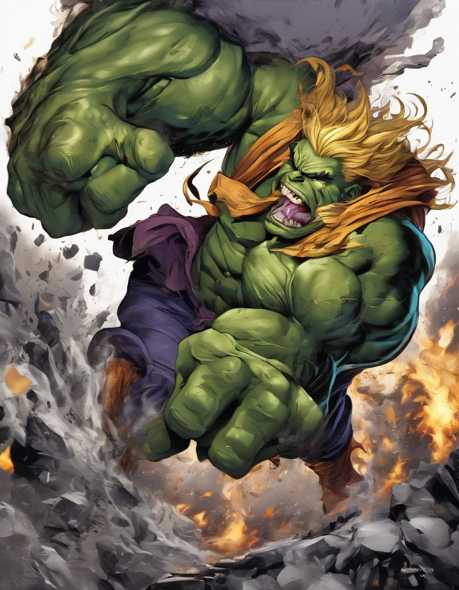 Full body view of the Hulk and Super Saiyan combo，tmasterpiece，high detal，best qualtiy，A high resolution，16k，in a panoramic view，hyper HD：： --v 5