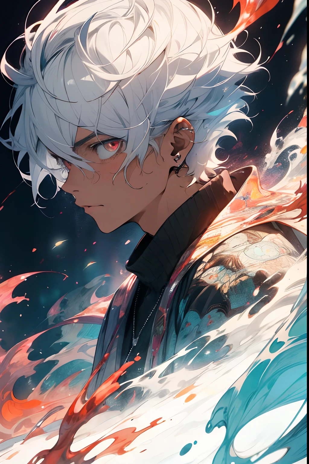realisticlying,(tmasterpiece,top Quority,best qualtiy,offcial art,Beauty and aesthetics:1.2),The is very detailed,s fractal art,Colorful,Most detailed,zentangle,(abstract backgrounds:1.5)(1boys:1.3),Kamimei,White color hair,short detailed hair,(luminous red eyes),mistic,(magia),火焰,Handsome man
