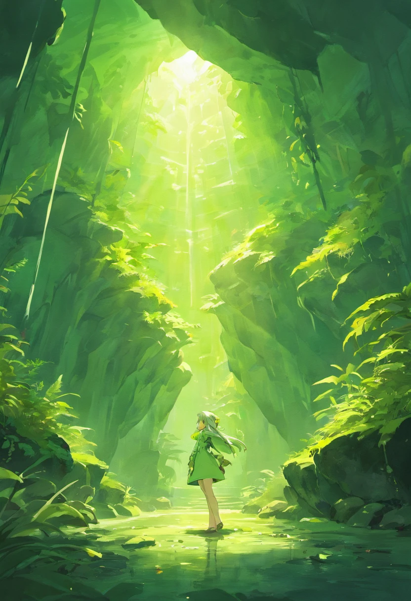 harsh light, heavy contrast, a cave with open ceiling casting sun beams on a green mosses and ferns, and a open( view on ocean:1.1) at the bottom, cell shading render, 4k, 360 degree, equirectangular, qxj,