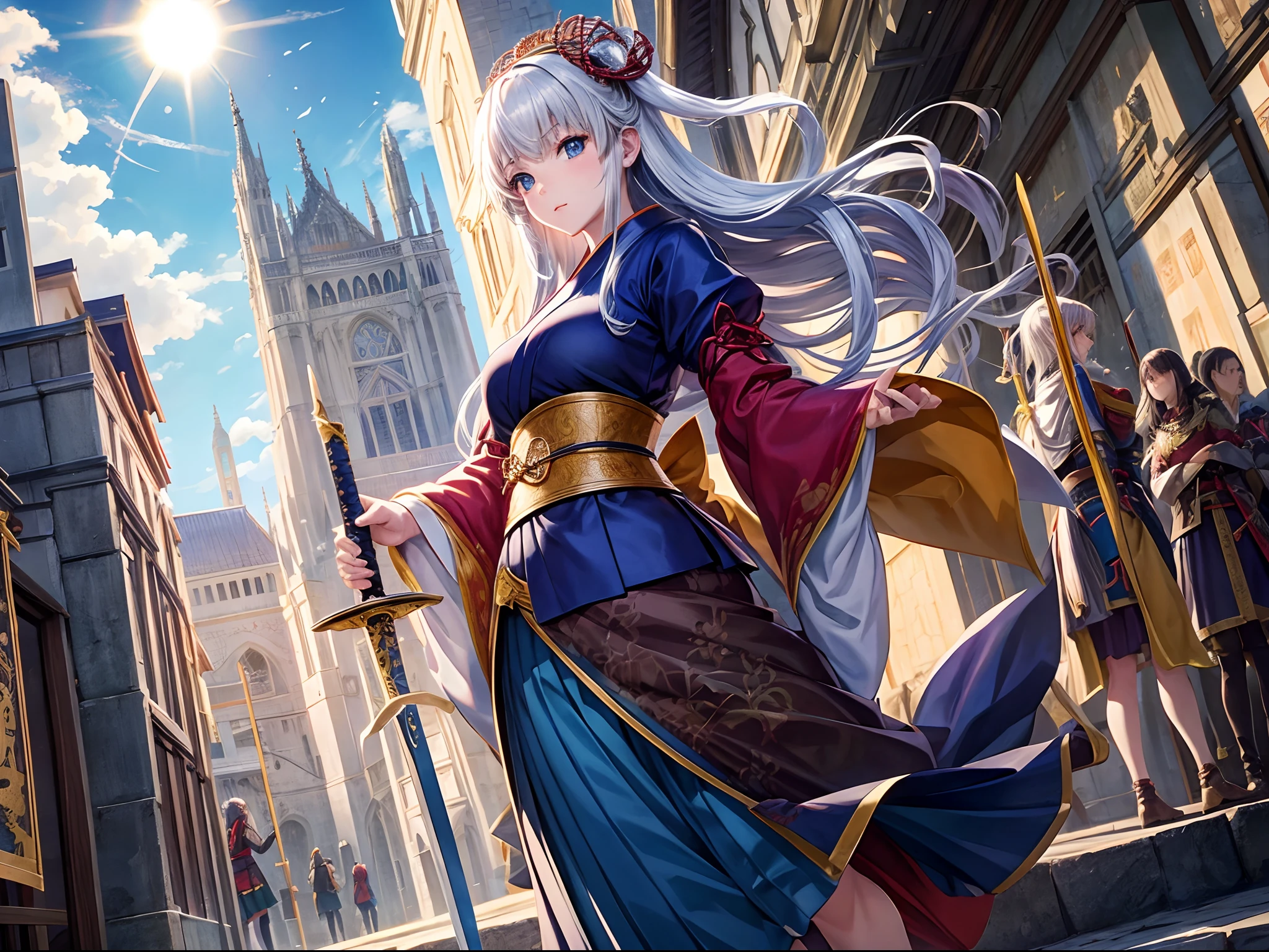 Japanese anime style. woman. Middle Ages. Europe. fantasy. Skirt. sword. are standing. Whole body. From below.