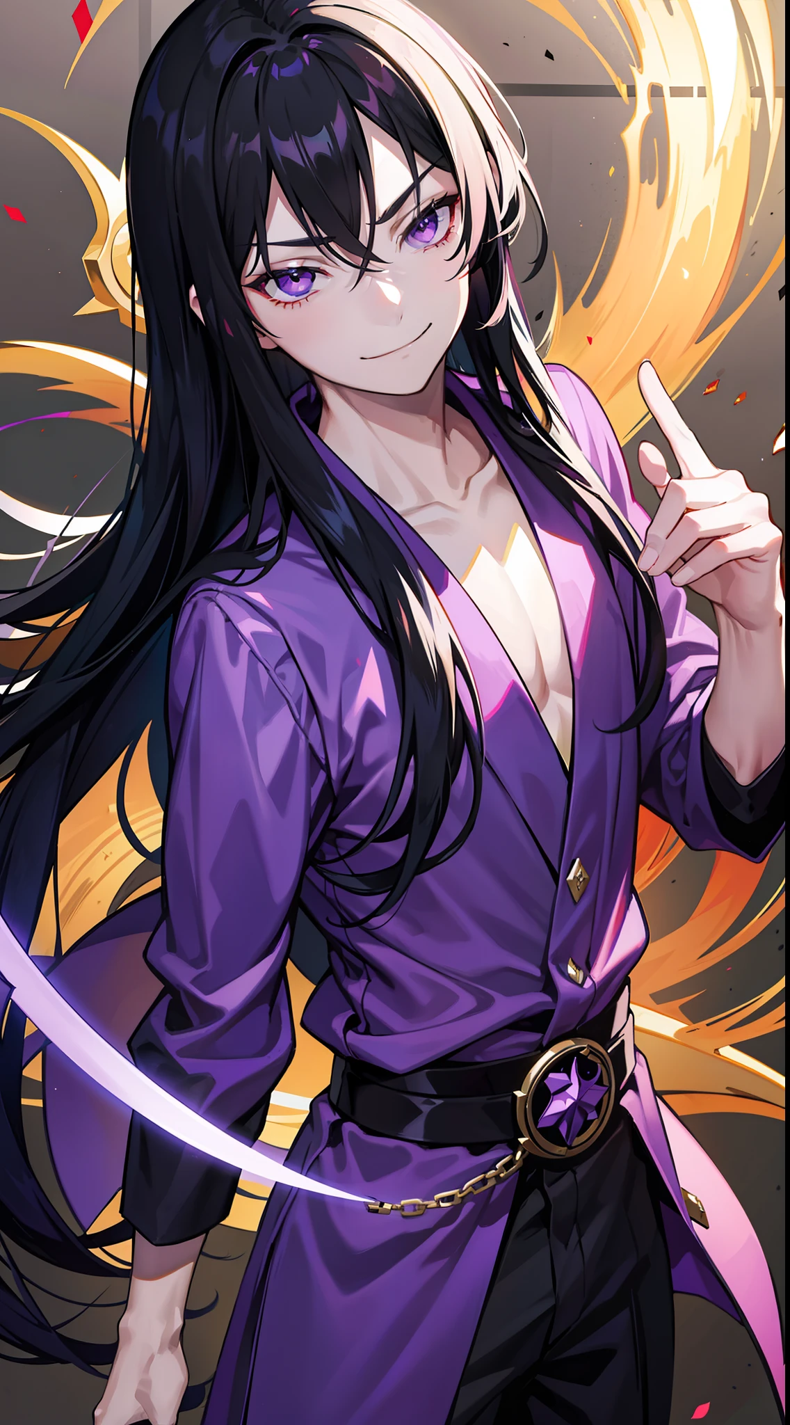 Grown-up guy, Long black hair, violet eyes, smirk, Fiadem, Purple Royal Ninja, Gold Elements, Masterpiece, hiquality, 4k, HD, Good detail