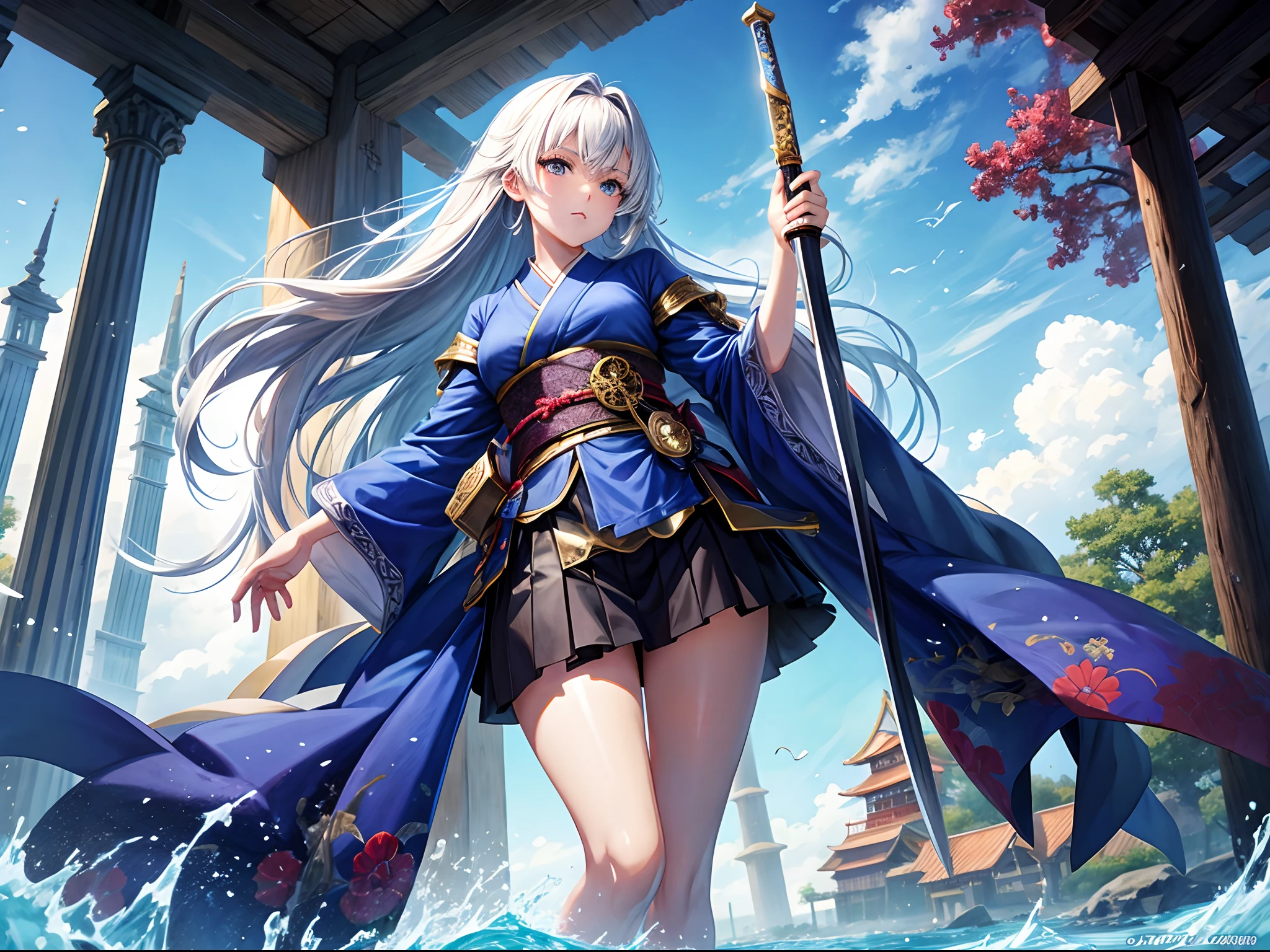 Japanese anime style. woman. Middle Ages. Europe. fantasy. Skirt. sword. are standing. Whole body. From below.