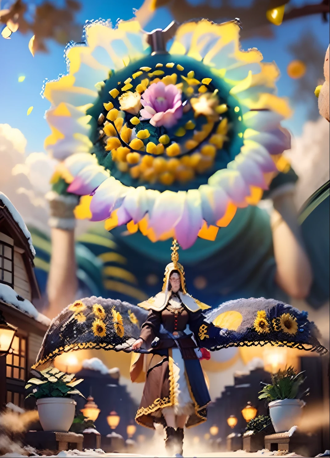 In a very grand scene，The extra-large wide-angle lens captures the appearance of a female centaur。She is a Sunflower Worship nun，Always opposed（Healing emoji smiley face of knitted sunflower puppet😊：99.99）DOA。She is tall，It has the ultimate curvy beauty，The muscles are slender and firm，Beautiful lines。She has（Super huge sky blue eyes：99.99）、always（Wearing sexy glasses：6.66）、（She wears solemn nun attire：9.9）、Stepping on a boot-style skyscraper-heel、A pink cross hangs on his chest。Use Midjourney's advanced tools，Designed for female centaurs（A knitted sunflower puppet and create a super healing cartoon smiley face in the center of the flower tray as a decoration：9.9），and noble and solemn nun costumes，and highlight her unique physiological characteristics and appearance details，Add realism。And in the context of her prayers and listening to confessions，Spectacular views of nature，Such as the sky where storms and sunny days alternate、Brilliant rivers of stars and auroras、The snow-capped summit of Mount Everest、Fireworks in the mountain town, etc。ao mesmo tempo，Away from the hustle and bustle next to the chapel，Create a fantastic scene。Use Midjourney's advanced tools and multiple color palettes、Brush Strokes、Texture tools and model packages，It shows a sense of atmosphere where beauty and charm coexist。The charm of the female centaur is highlighted through color and lines，Enhance realism with detailing，Create a surreal dreamy feeling。Additionally，Use Midjourney's tools to add various exorcism props and books to the female centaur、pergaminhos，Create intricate hairstyles and outfits，Give her a sense of premium。She never flinches，No matter what monster you encounter，can respond quickly，Even the most extreme armies of natural disasters and monsters could not stop her and her front（Sunflower with Tyndall effect that emits sunlight9.99）。Use Midjourney's powerful tools，You can do it with incredible detail and beauty，Bring this ultra-grand and beautiful scene to life。Ultra-grand sc