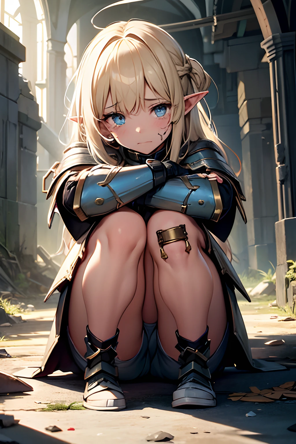 ((Masterpiece)), (Best Quality), (Over-detailed), ((Very detailed)), 4K, (8K), full body, cute and small (young girl:1.5) elf (Hight paladin), sitting on the ground, puffed out cheeks, tear-stained eyes, crying, offended face, abrasions, fell to the ground, (damaged knees:1.5), (abrasions on the knees:1.5), funny awkward pose, (dressed in (Hight paladin armors))