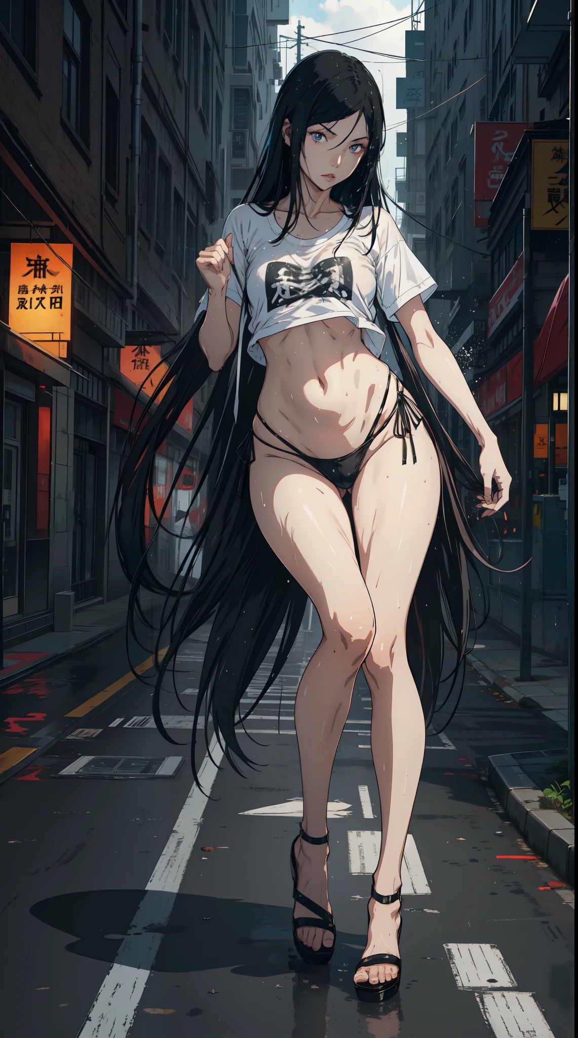 Kurihara Mari from prison school, black long hair, blue eyes, wearing white tshirt and thong, standing on the City street,wet body, vibrant colours, full body view, dynamic pose