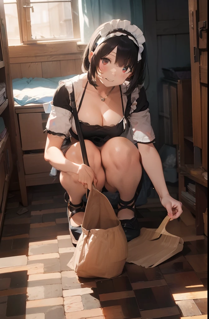 ultra-quality, ultla highres, Hyper Detailed, High contrast, superfine illustration, creative refinement, maid, ssmile, Cleavage is visible, Boom, dustpan