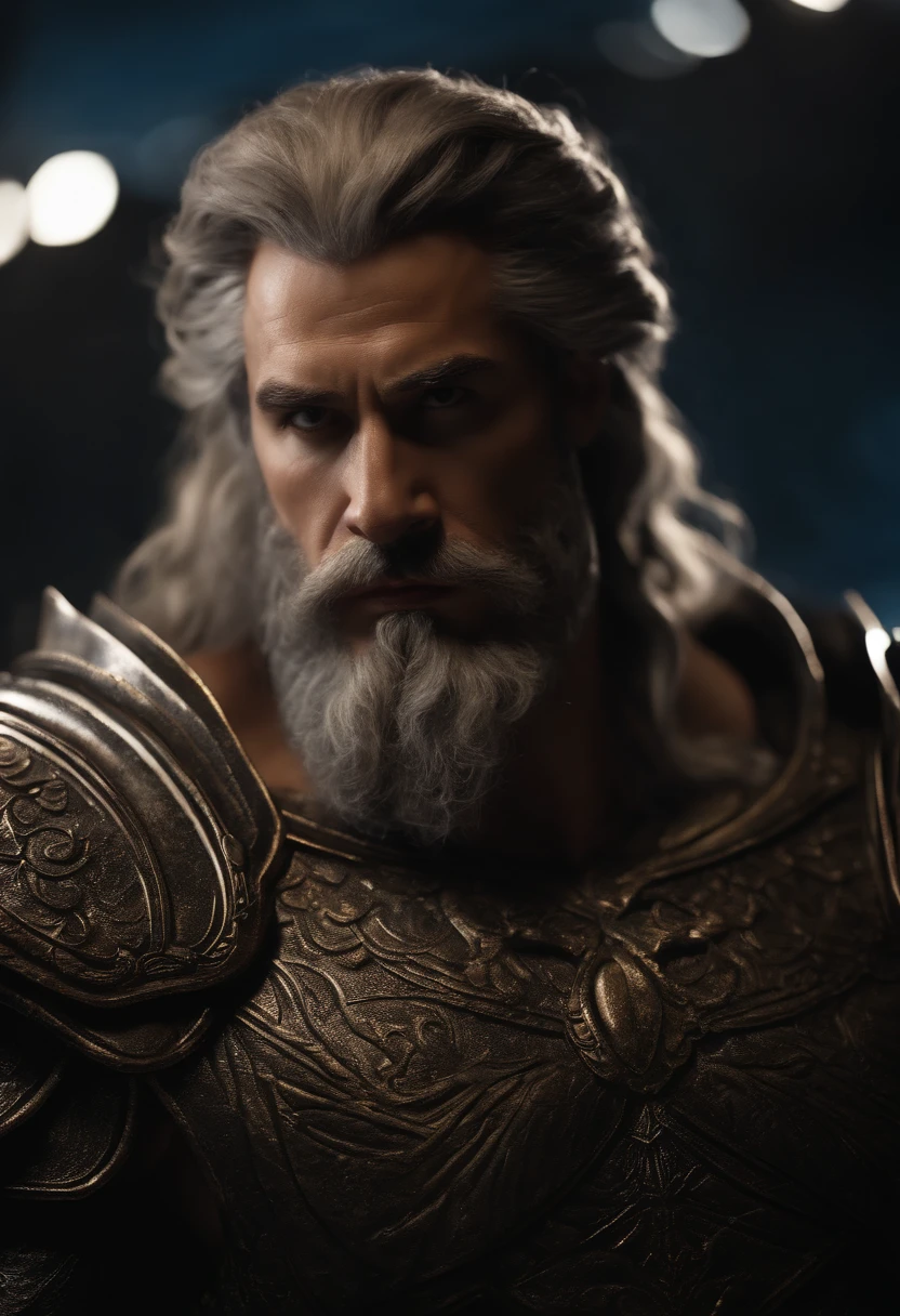 (Highest quality:1.3), cinematic shot, masterpiece, (sharp focus:1.5), (photorealistic:1.3), medium portrait of of stout zeus, god of thunder, it is night time, (highly detailed skin), (detailed face), detailed background, dark lighting, twilight lighting, volumetric lighting, intricate details, UHD,