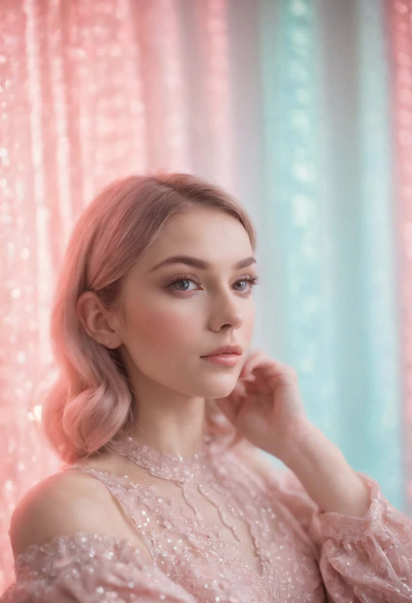 wears a pastel costume, in the style of anaglyph filter, by Brandon Woelfel, rainbowcore, robotic expressionism, (masterpiece:1.5) (photorealistic:1.1) (bokeh) (best quality) (detailed) (intricate) (8k) (HDR) (wallpaper) (cinematic lighting) (sharp focus on eyes) (skin texture:1.2)