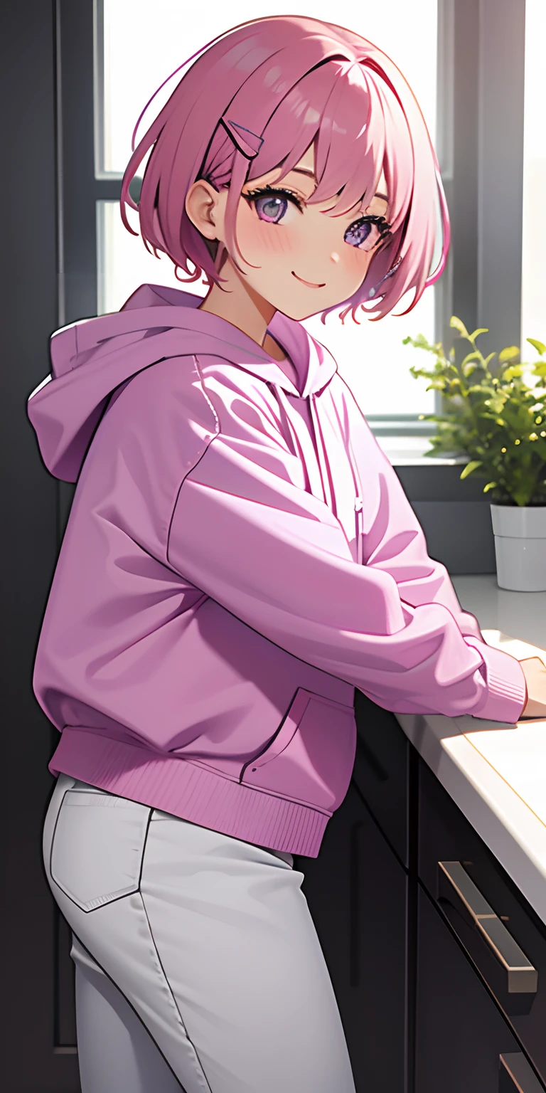 one nineteen years old girl, purple eyes, pink short hair, hair clip, light blush , light smile, white hoodie, pink pants, kitchen,