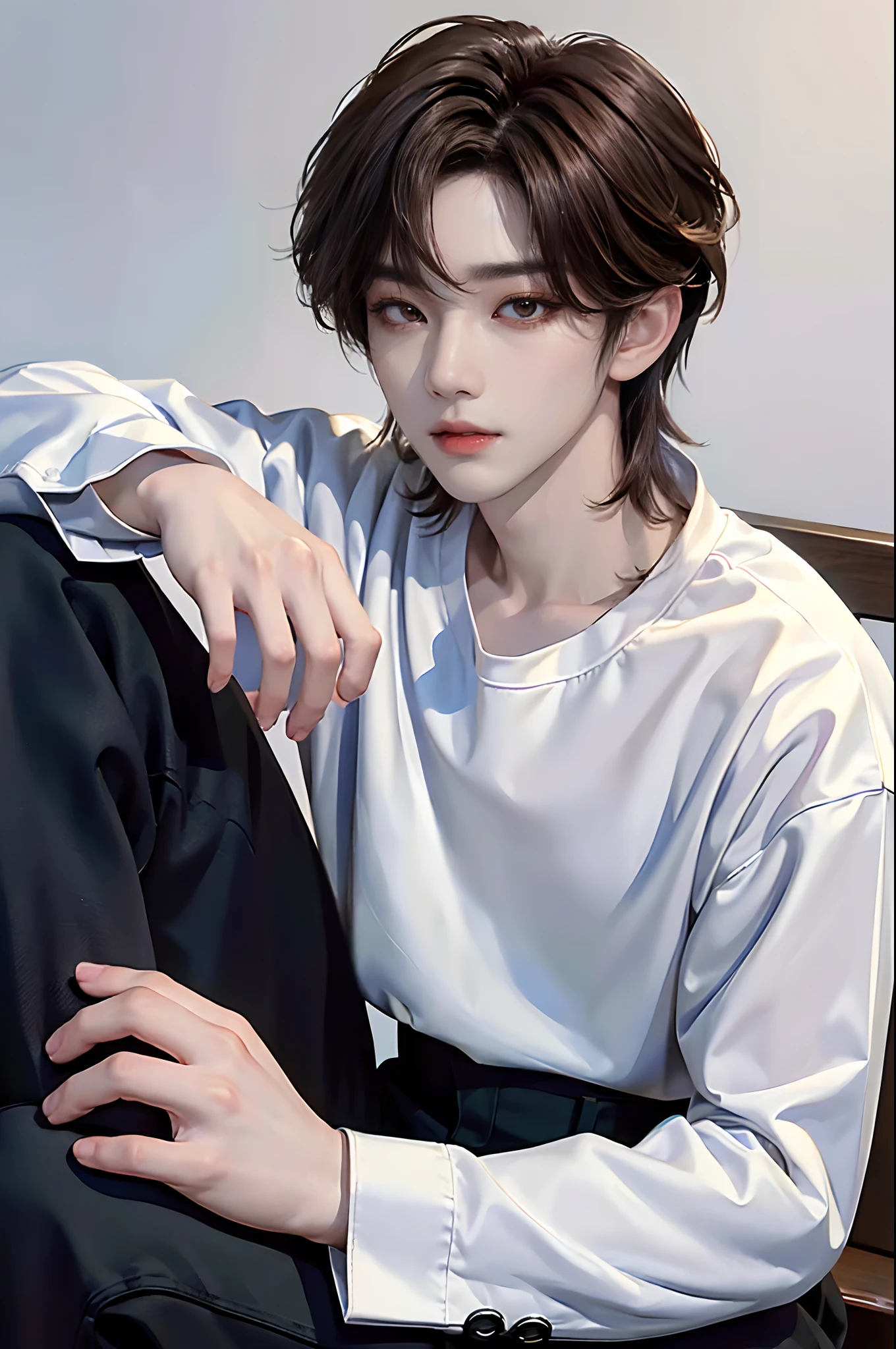 ​masterpiece、top-quality)、One Manly Boy、Slim body、((White Y-shirt and long black pants:1.1))、(Detailed beautiful eyes)、In the Han River、Face similar to Chaewon in Le Selefim、((short hair above the ears))、((Smaller face))、((Neutral face))、((Light brown eyes))、((Korean boy))、((18year old))、((Handsome man))、((Wild look))、((Korean Makeup))、((elongated and sharp eyes))、((Happy dating))、((He is walking in front of the viewer))、((shot from a side angle))