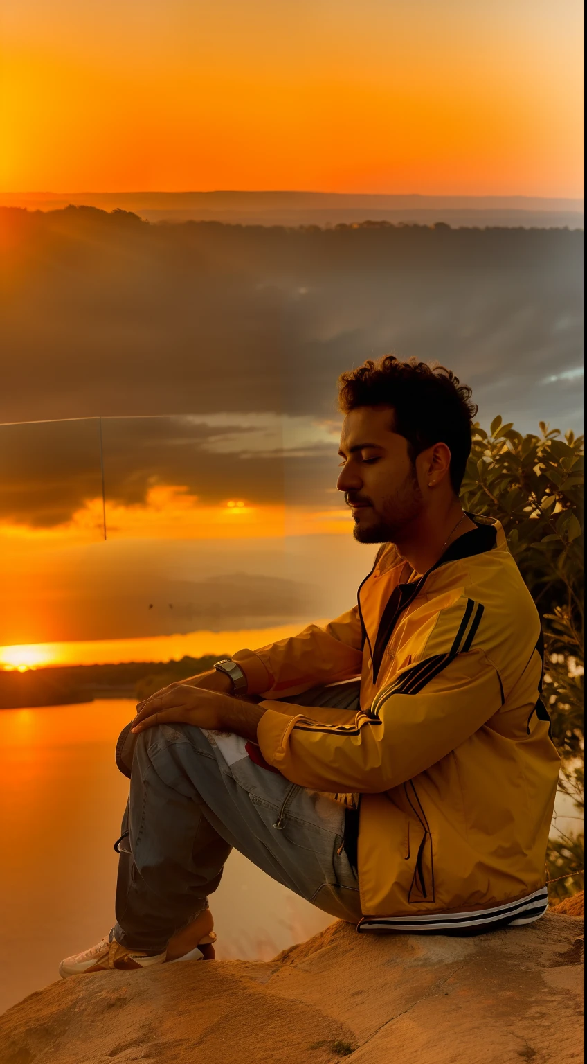 arafed man sitting on a hill overlooking a lake at sunset, with sunset, during golden hour, shot at golden hour, at a beautiful sunset, at golden hour, taken at golden hour, very artistic pose, sitting near a river, during a sunset, during sunset, golden hour time, shot on nikon z9, with a sunset