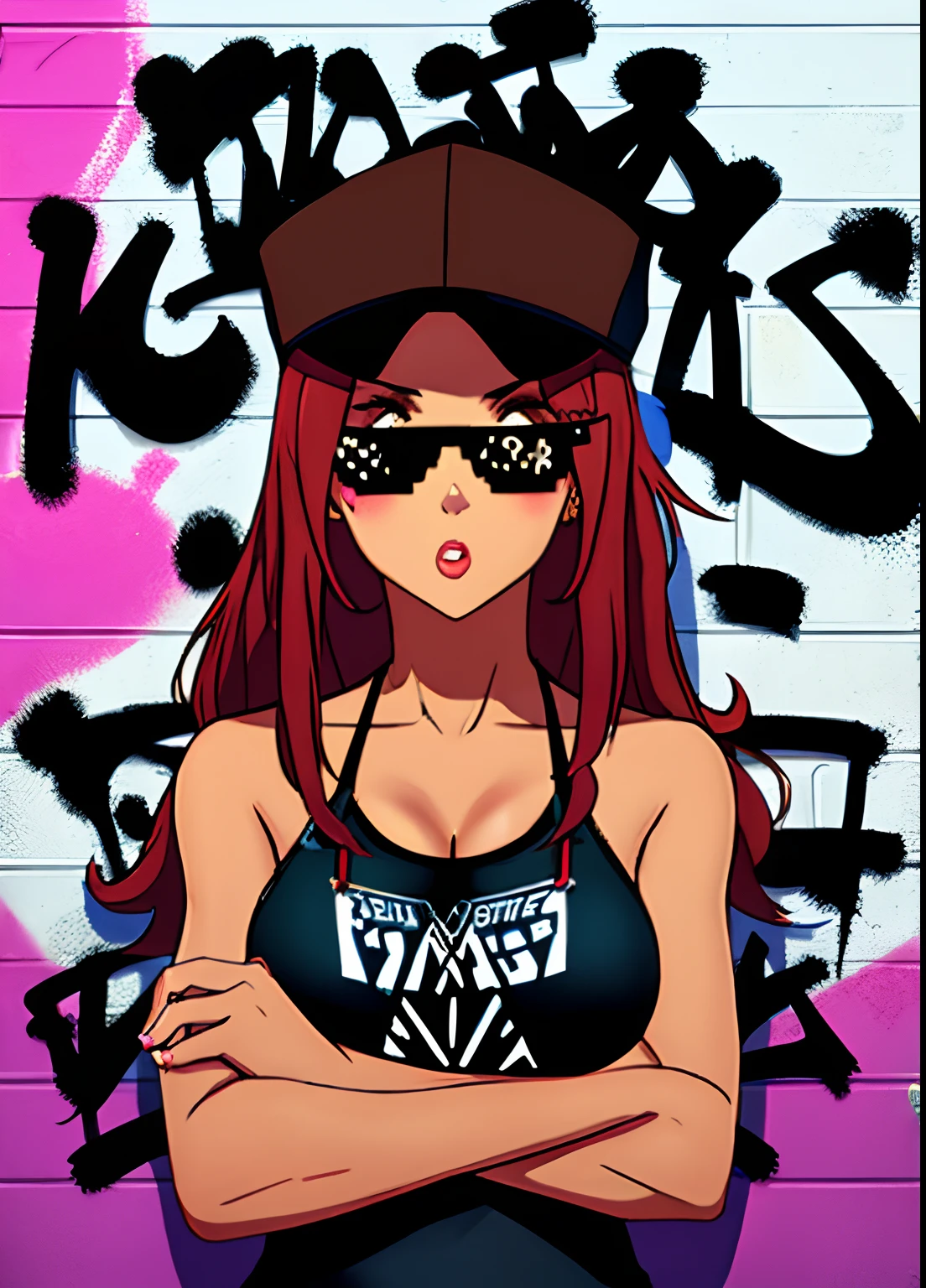 (hip hop scene) a hip hop confidant badass girl graffiti artist DealWithIt badass selfie pose on graffiti wall