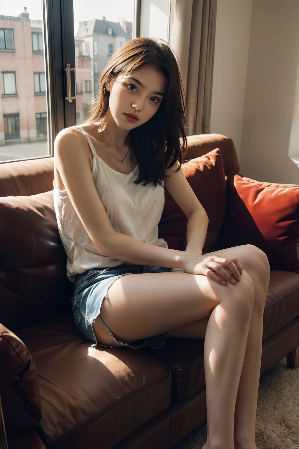 1fille,sitting on a comfortable sofa,crossing legs,Soft Light
