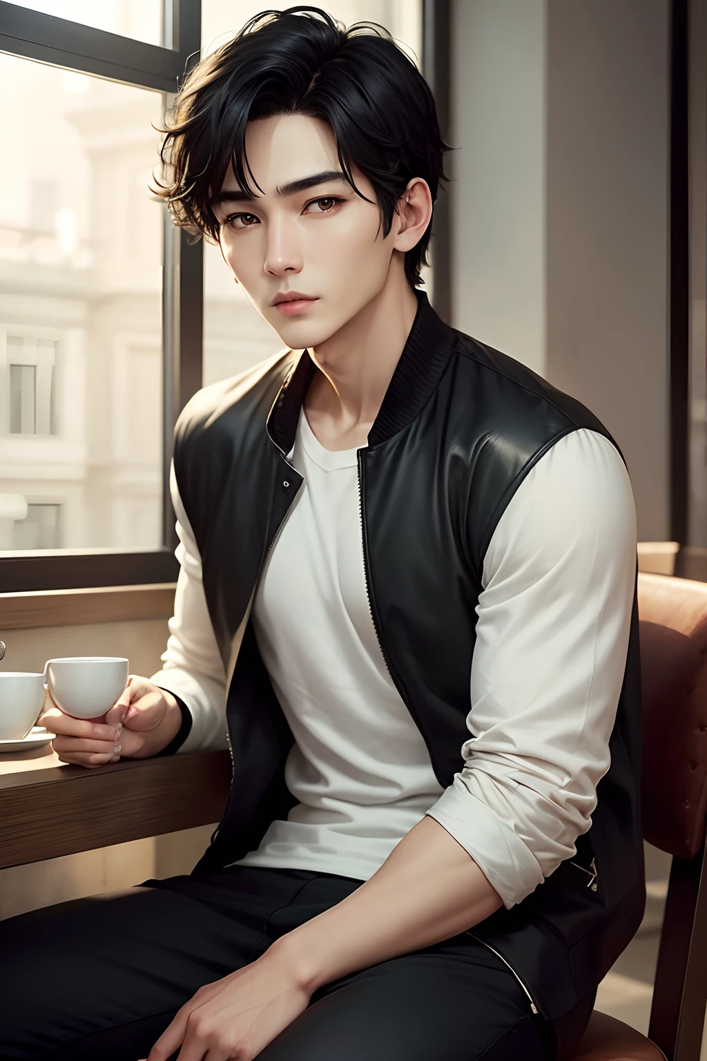 hightquality、Realistic facial features、Man sitting in fashionable café in sunshine、Black Hair Center Farewell、Short hair、Looks exactly like actor Ji Chang Wook、elongated head shape,、Clean face、slightly flabby eyes and parallel eyebrows,,、Gentle face、Classy atmosphere、Universally accepted、Fashionable clothes t-shirt and black jacket、Man in black pants