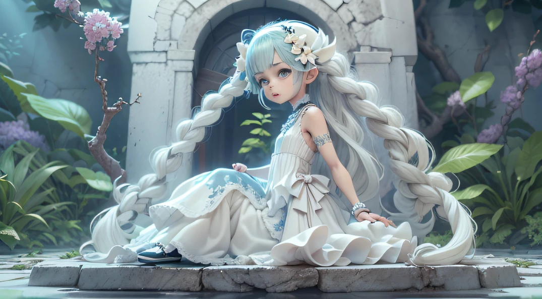 Baraco wind in Italy，Taoist fairy，Huangshan people，Exquisite Hair，Arm carving，White-blue hair all over the body，Delicate gradient shoes，Eye portrayal，Exquisite Hair，Popmart blind box，Clay texture，Treading on the ground，Black and white background，natural  lightting，Best quality at best，Hyper-detailing，arte 3D，C4D, OC renderer, a 3D render, 8K，45 degree viewing angle，Wear a big hat