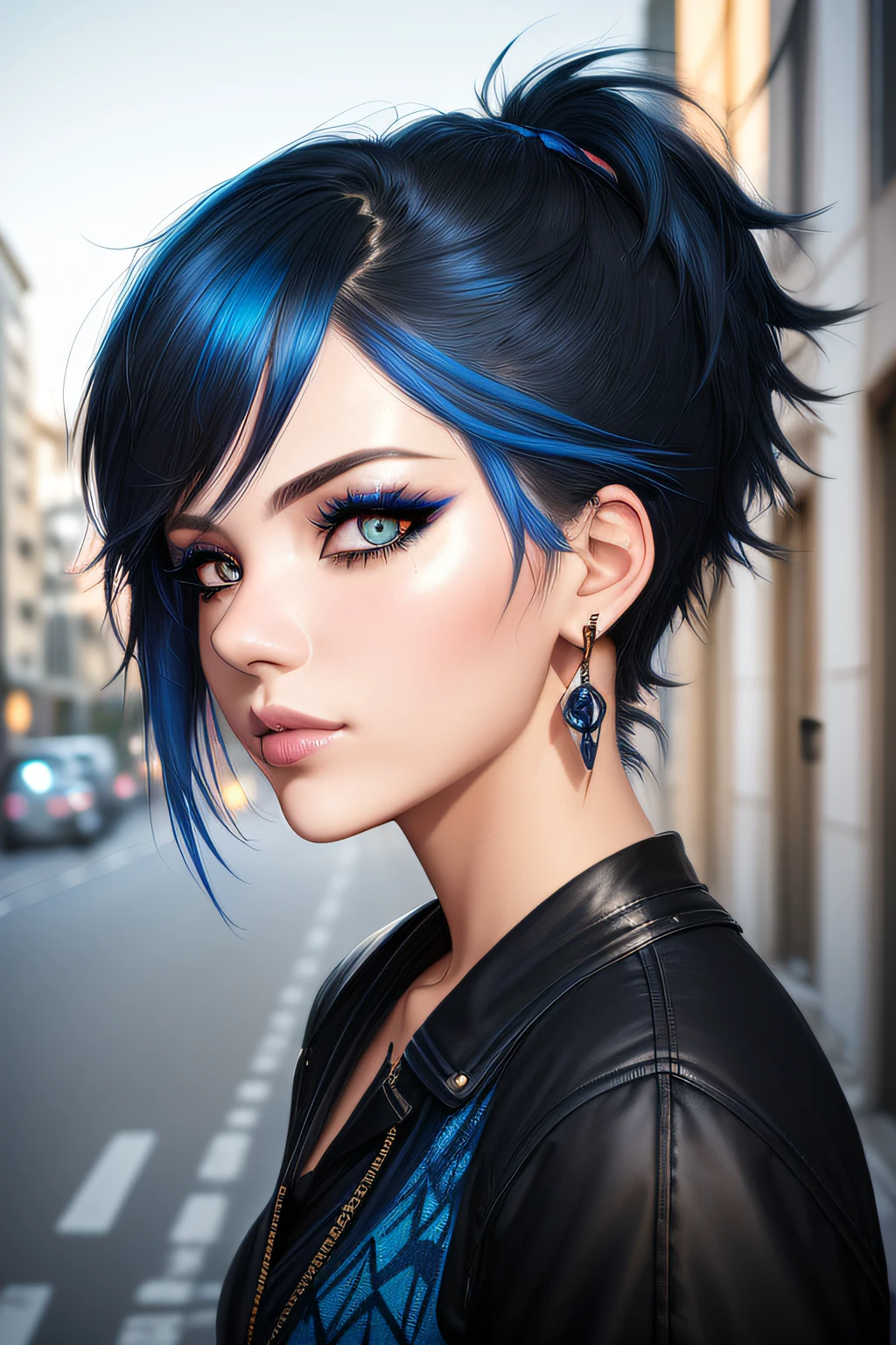 beautiful girl, half body portrait, short bright blue disheveled hair, black eyeshadow, (street style wear:1.2), (city background:1.2), light makeup, highly detailed, fine detail, intricate, beautiful detailed glow, detailed, Cinematic light, highres, detailed facial features,sharp focus, smooth, aesthetic,