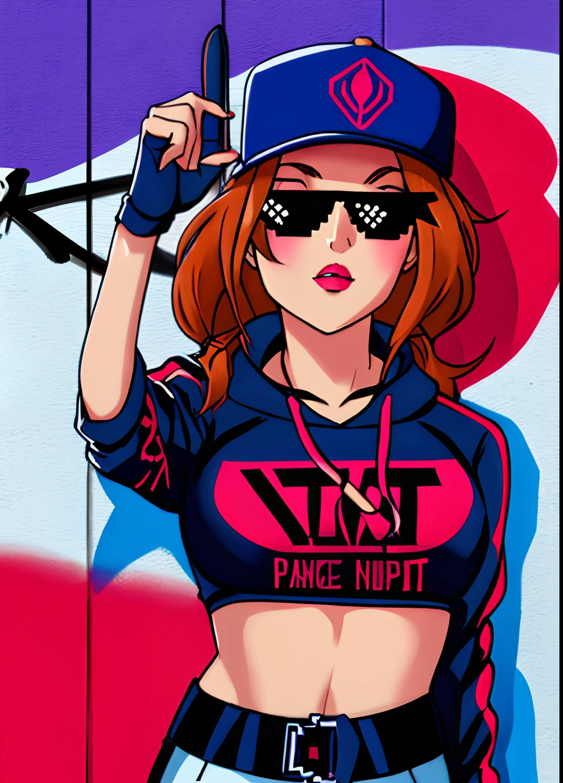 (hip hop scene) a hip hop confidant badass girl graffiti artist DealWithIt badass selfie pose on graffiti wall