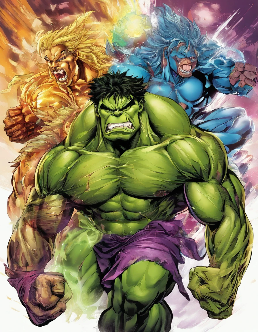 Full body view of the Hulk and Super Saiyan combo，tmasterpiece，high detal，best qualtiy，A high resolution，16k，in a panoramic view，hyper HD：： --v 5