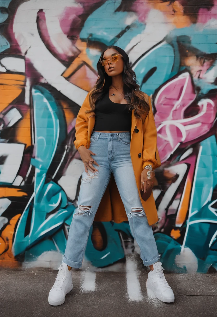 (hip hop scene) a hip hop confidant badass girl graffiti artist DealWithIt badass selfie pose on graffiti wall