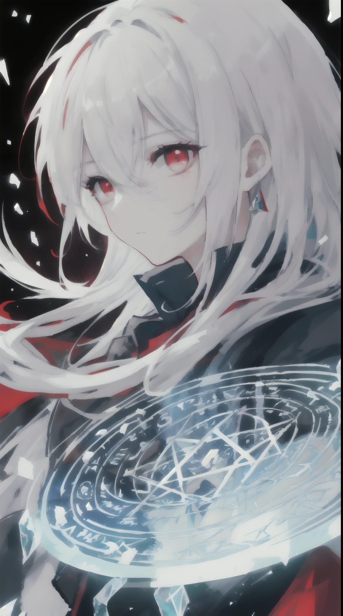 Anime wallpaper, (masterpiece, best quality, ultra-detailed, best shadow), (detailed background,dark fantasy), (beautiful detailed face), high contrast, (best illumination, an extremely delicate and beautiful), ((cinematic light)), hyper detail, dramatic light, intricate details, (1 girl, solo,white hair, sharp face, (blue and red eyes), hair between eyes, dynamic angle), swirling black light around the character, depth of field,black light particles,(broken ice),magic circle, long hair, dynamic pose